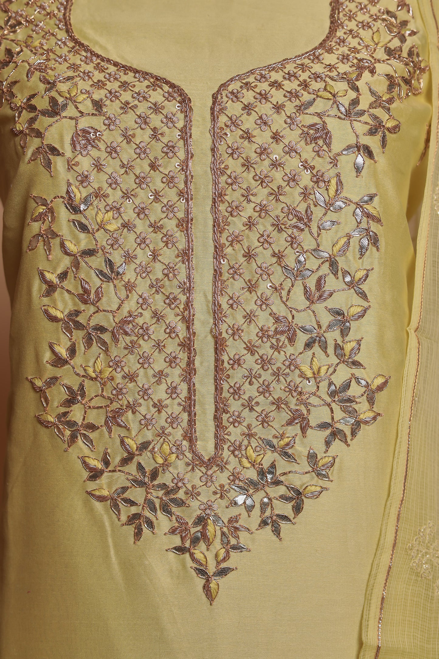 Elegant Sage Green Pure Silk Unstitched Suit with Heavy Zari Work Neckline
