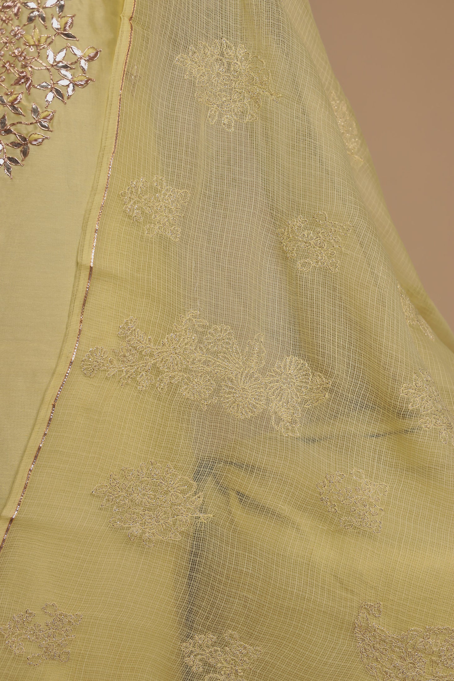 Elegant Sage Green Pure Silk Unstitched Suit with Heavy Zari Work Neckline