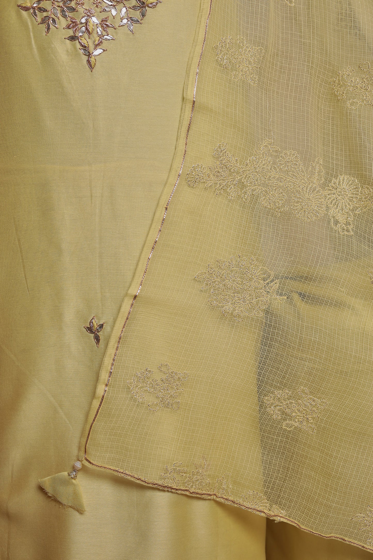 Elegant Sage Green Pure Silk Unstitched Suit with Heavy Zari Work Neckline