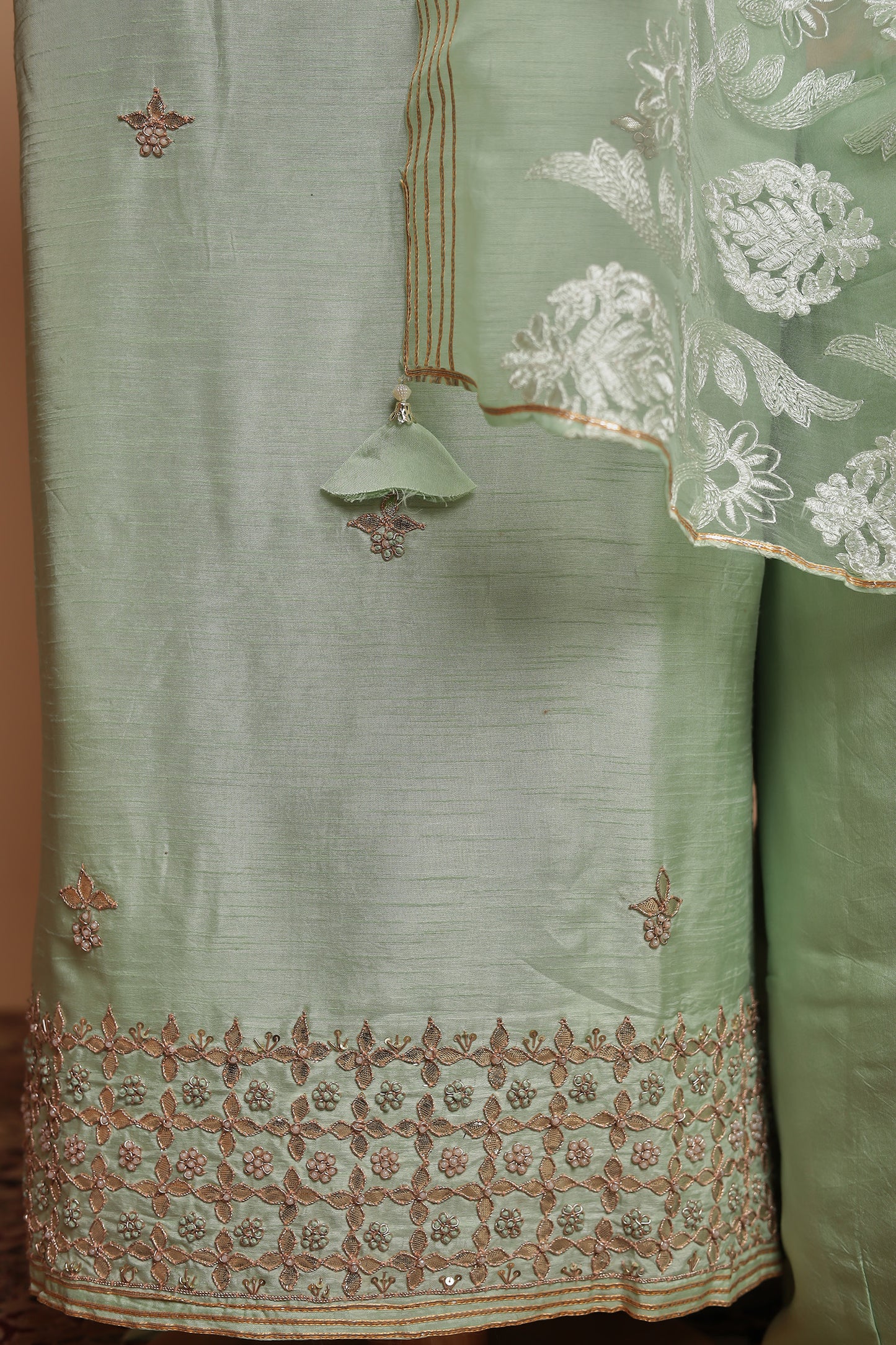 Designer Light Green Salwar Suit | Tone-on-Tone Floral Work