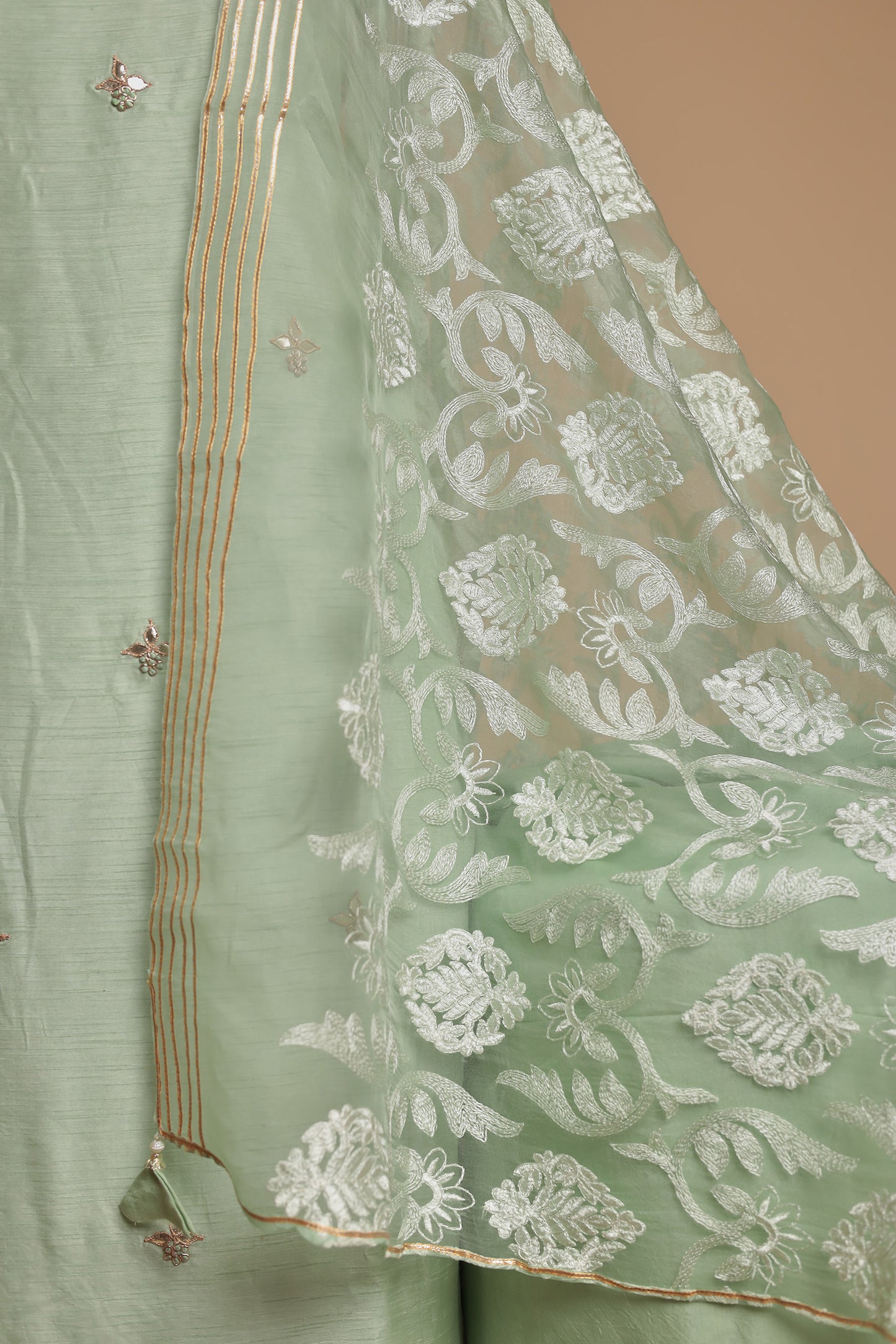 Designer Light Green Salwar Suit | Tone-on-Tone Floral Work