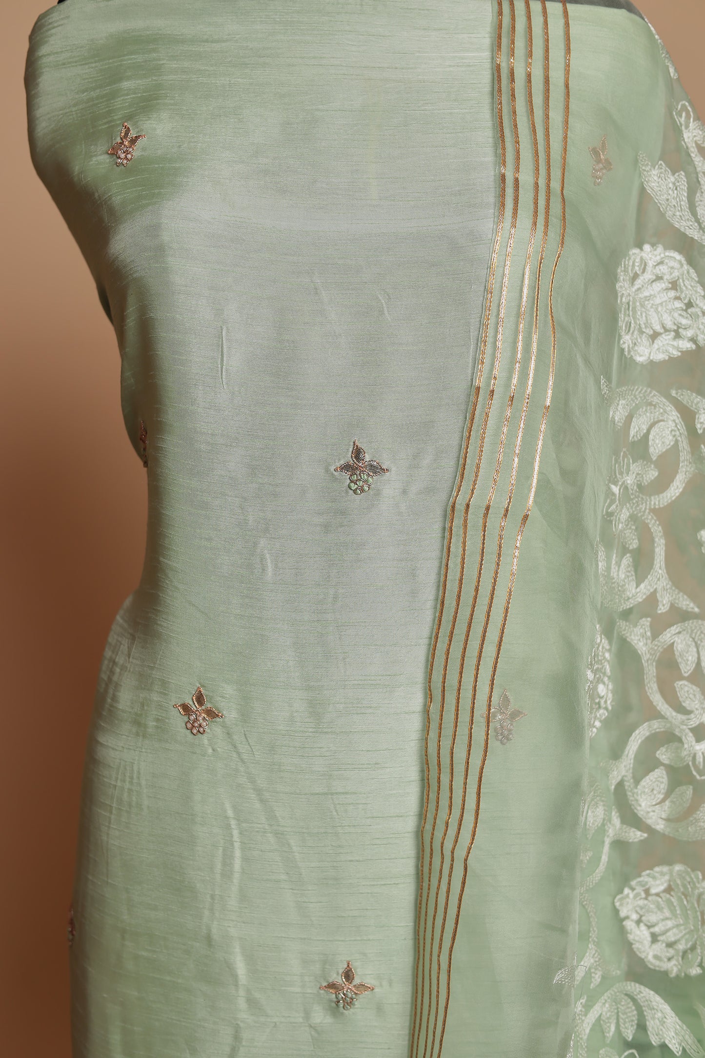 Designer Light Green Salwar Suit | Tone-on-Tone Floral Work