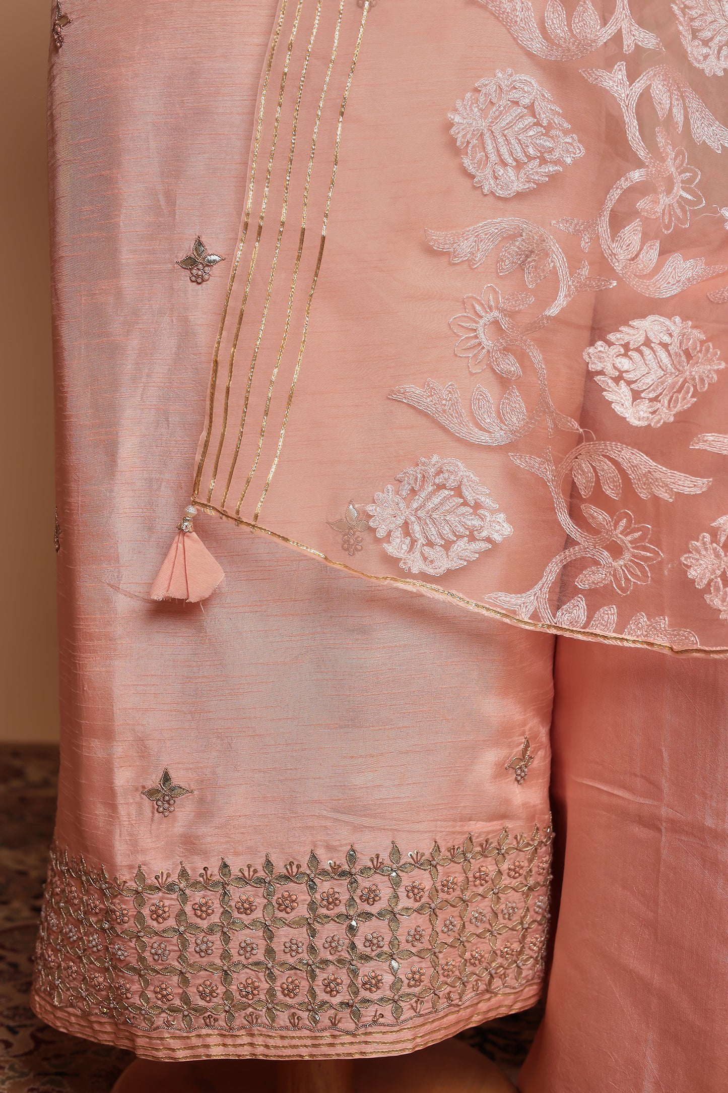 Elegant Peach Unstitched 3 Piece Suit Set with Embroidered Dupatta