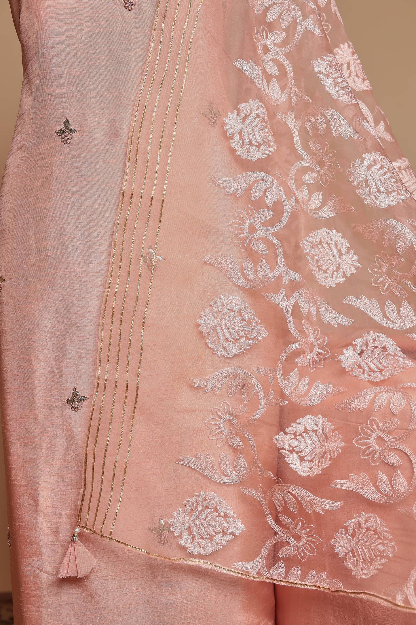 Elegant Peach Unstitched 3 Piece Suit Set with Embroidered Dupatta