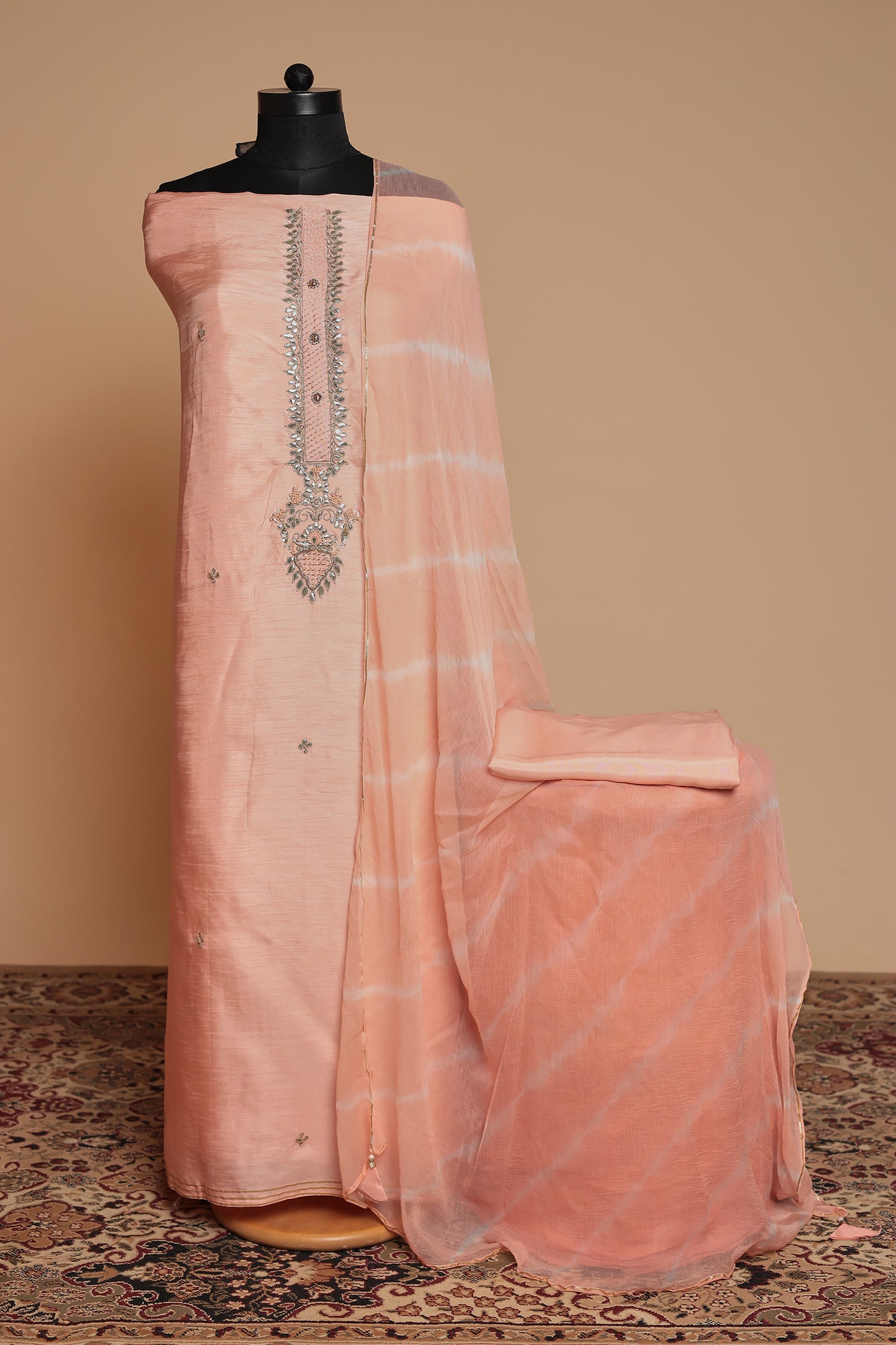 Luxury Peach Salwar Suit Material with Zari Embroidered Dupatta