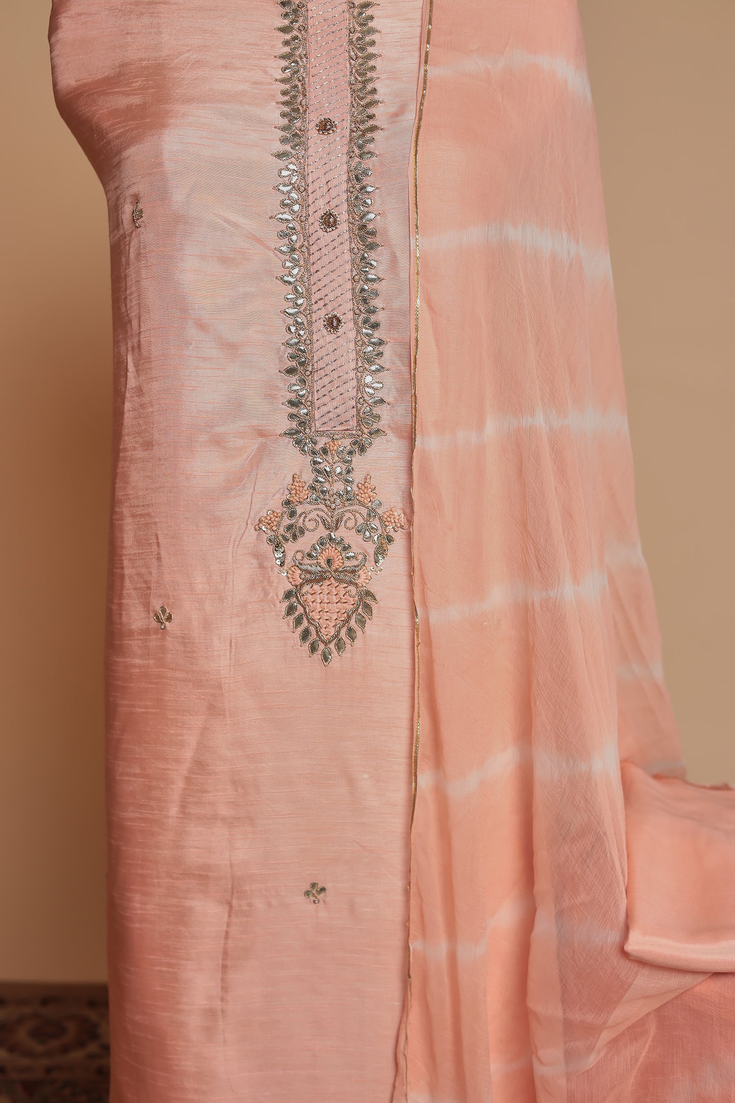 Luxury Peach Salwar Suit Material with Zari Embroidered Dupatta