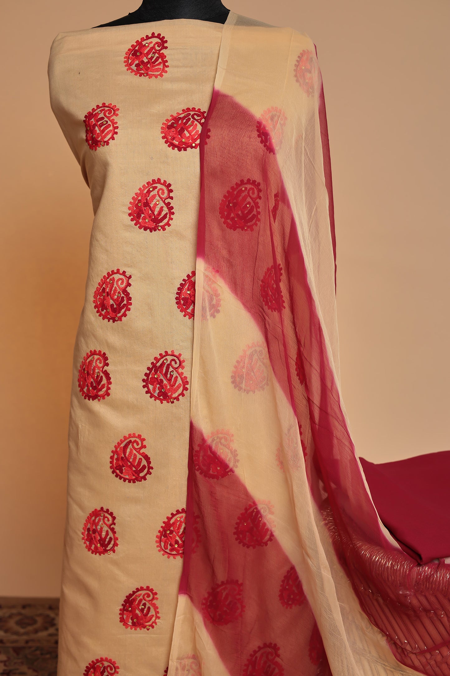 Festive Cotton Silk Suit Material | Paisley Thread Work | Vibrant Tie-Dye Dupatta