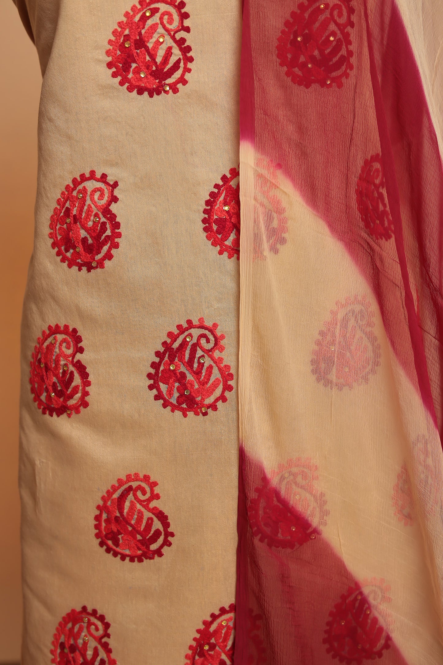 Festive Cotton Silk Suit Material | Paisley Thread Work | Vibrant Tie-Dye Dupatta
