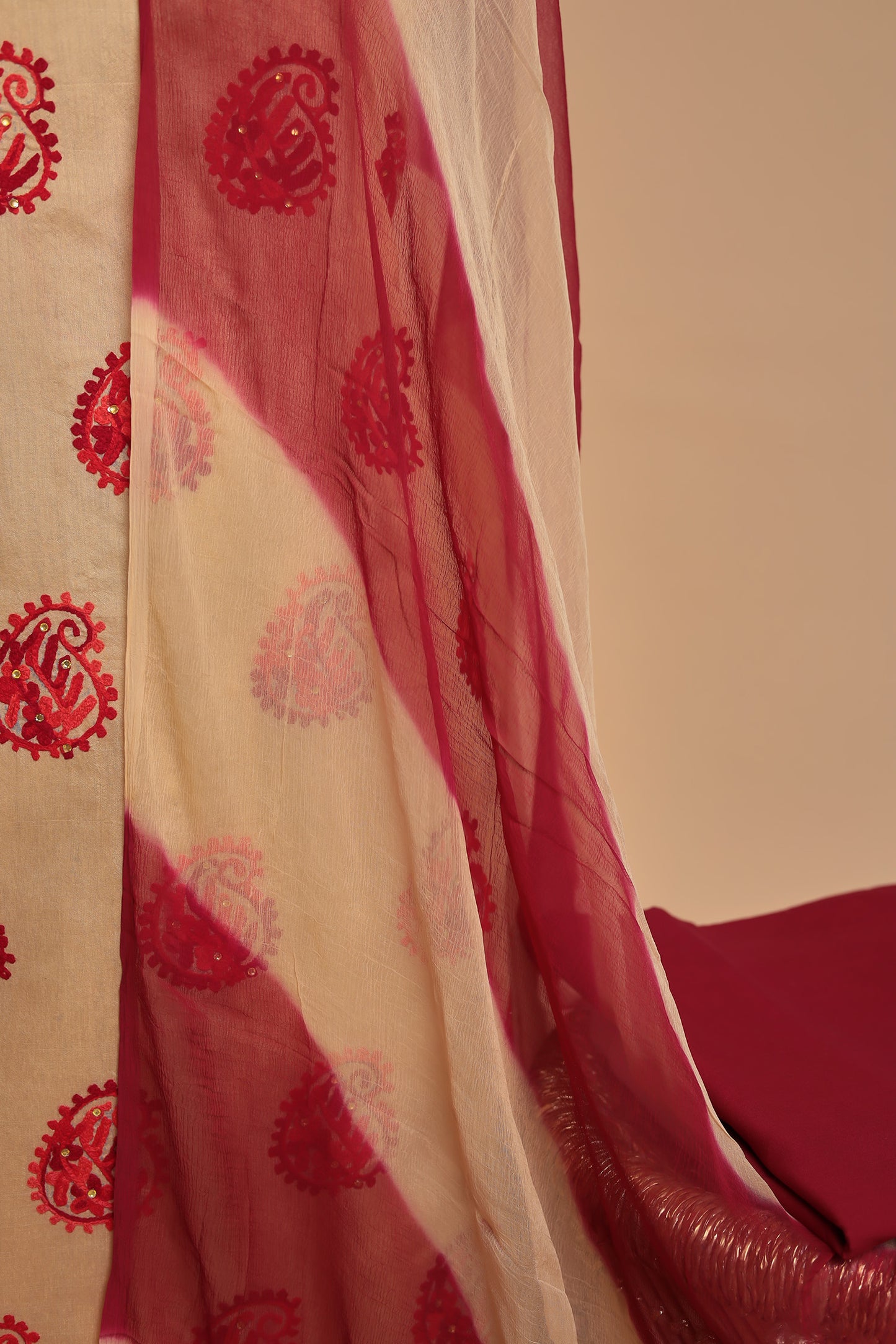 Festive Cotton Silk Suit Material | Paisley Thread Work | Vibrant Tie-Dye Dupatta