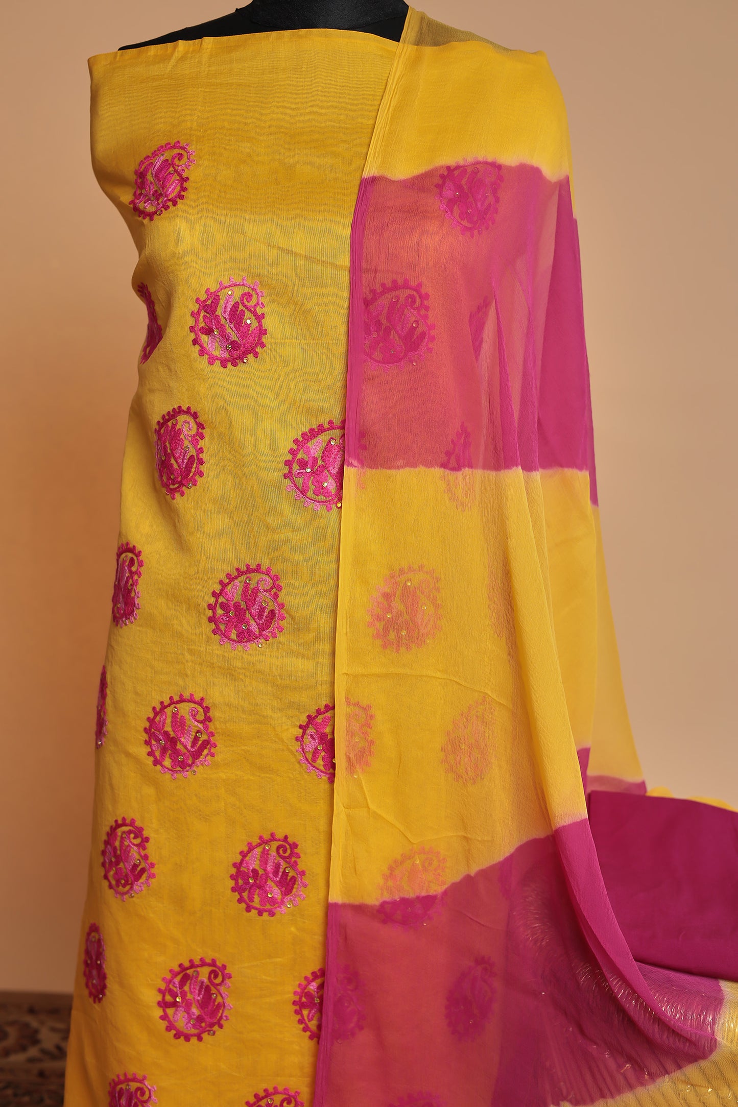 Festive Yellow Salwar Suit Fabric | Bold Color-Block Design | Unstitched 3-Piece Set