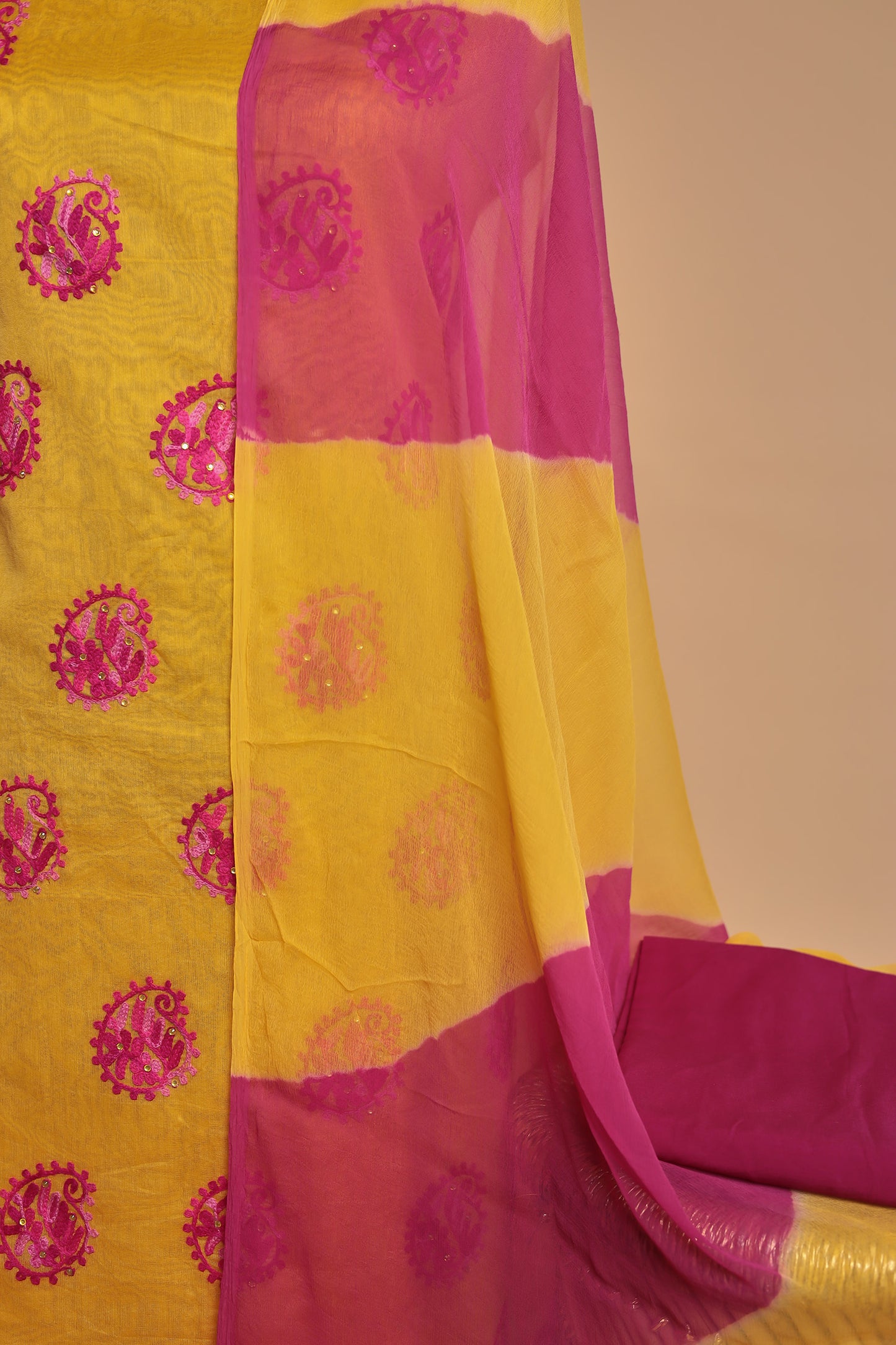 Festive Yellow Salwar Suit Fabric | Bold Color-Block Design | Unstitched 3-Piece Set