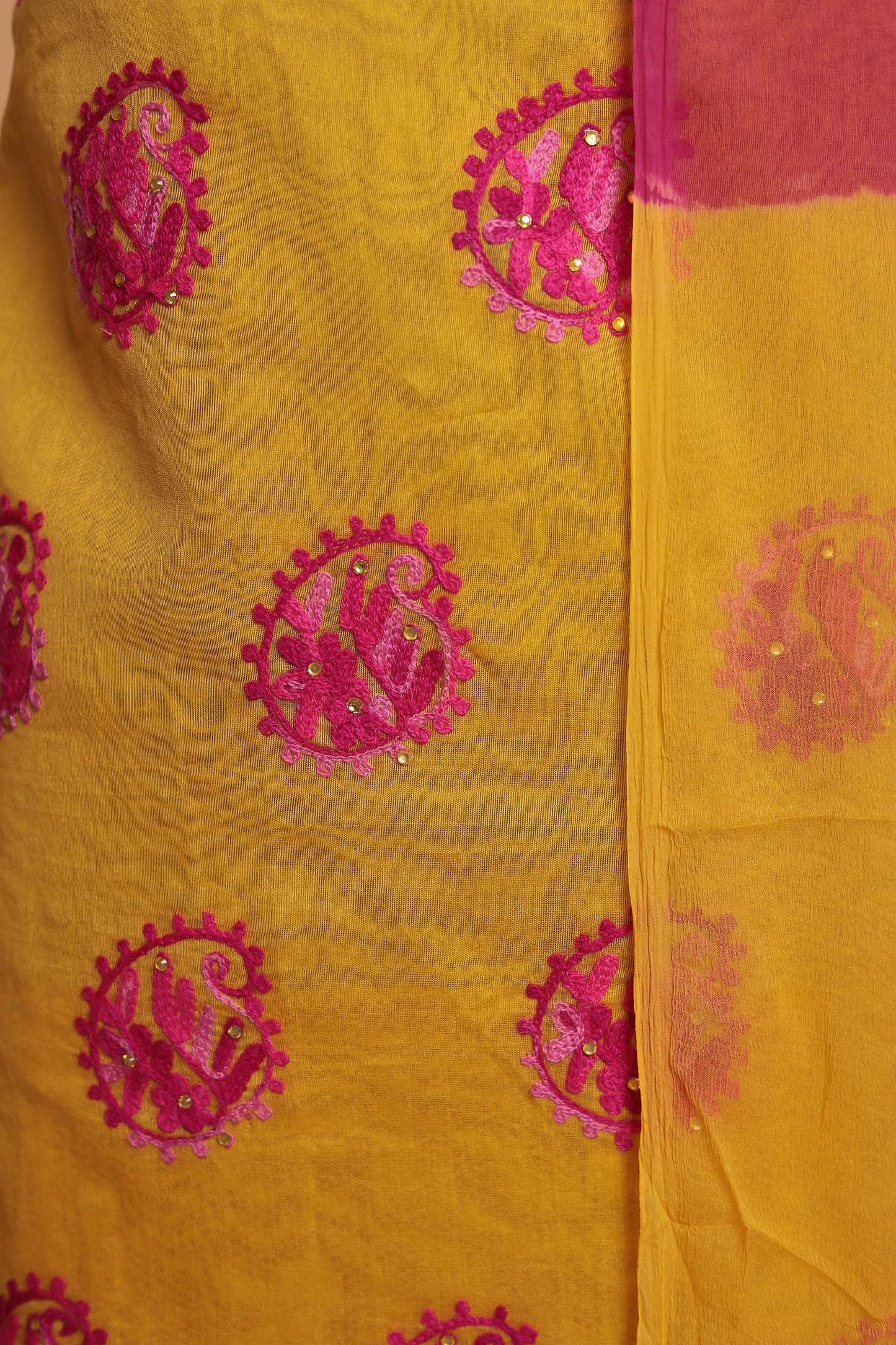 Festive Yellow Salwar Suit Fabric | Bold Color-Block Design | Unstitched 3-Piece Set