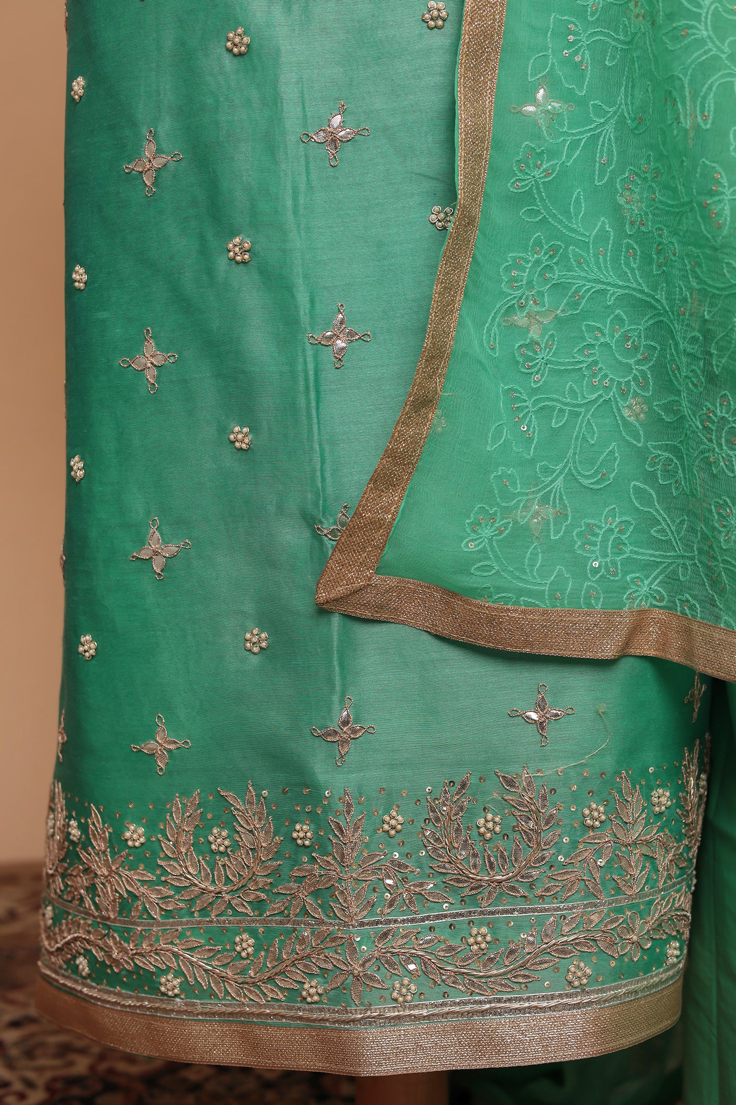 Mint Green Unstitched Chanderi Silk Suit with Heavy Border and All-Over Sequin Work