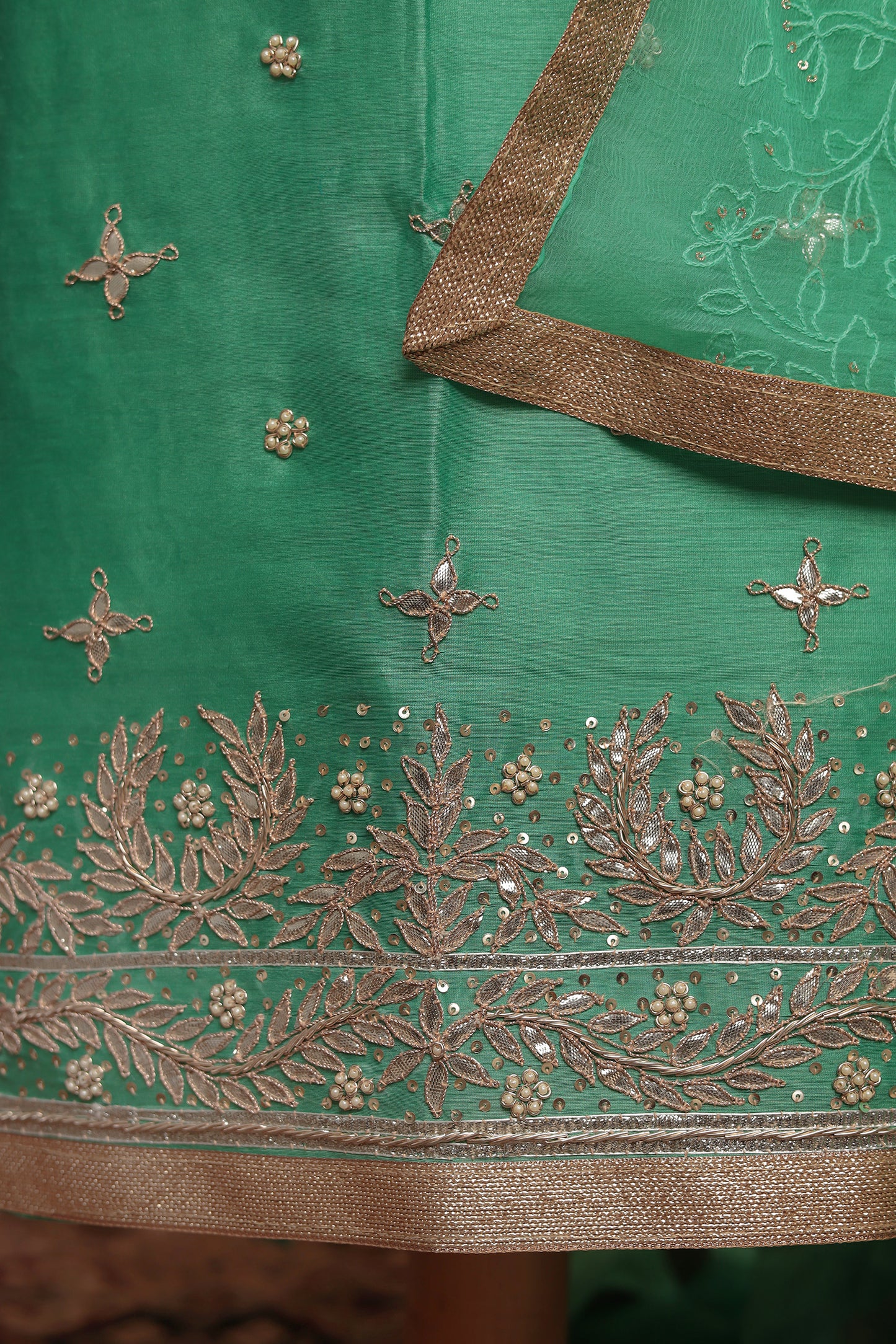 Mint Green Unstitched Chanderi Silk Suit with Heavy Border and All-Over Sequin Work