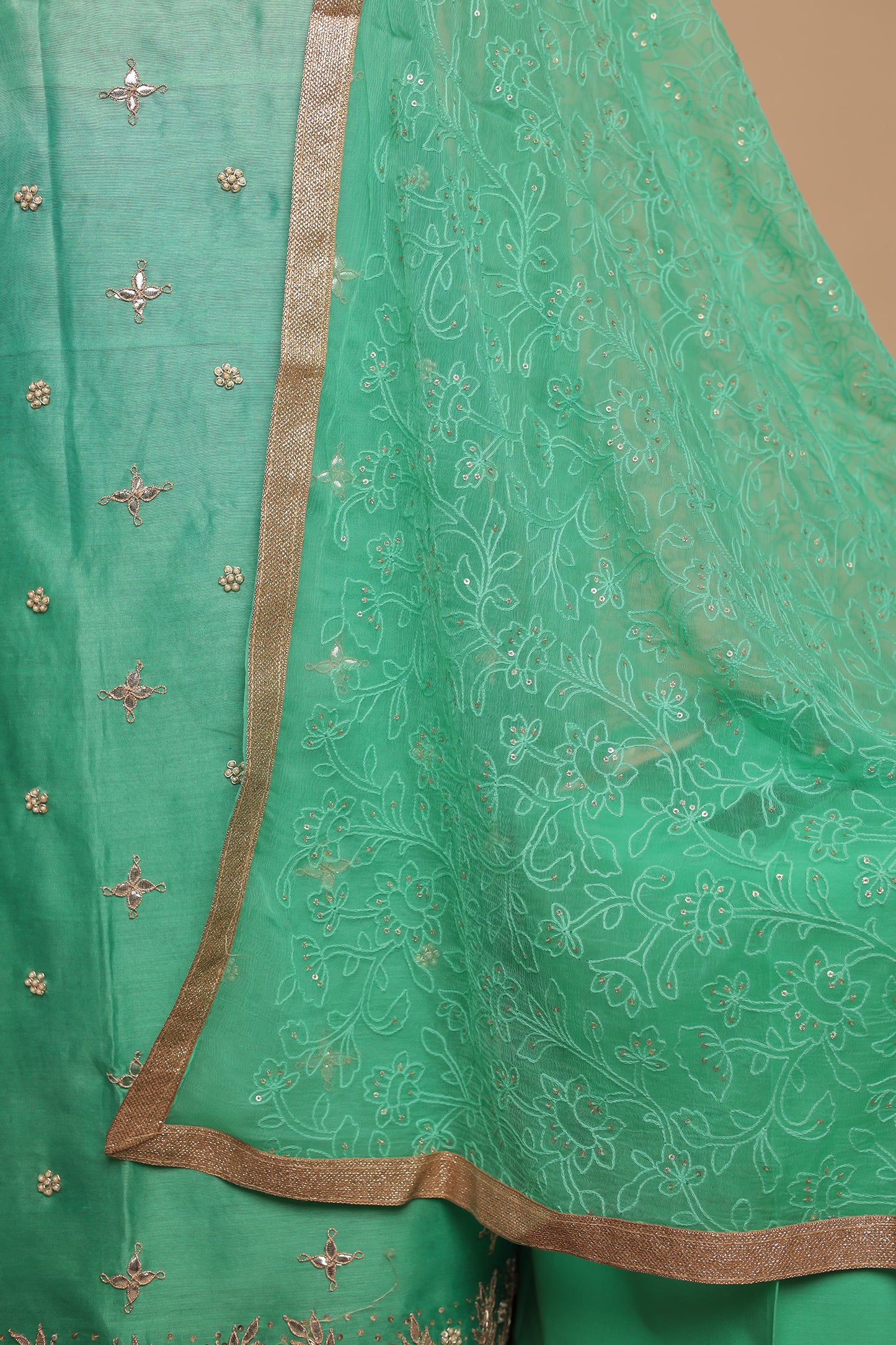Mint Green Unstitched Chanderi Silk Suit with Heavy Border and All-Over Sequin Work