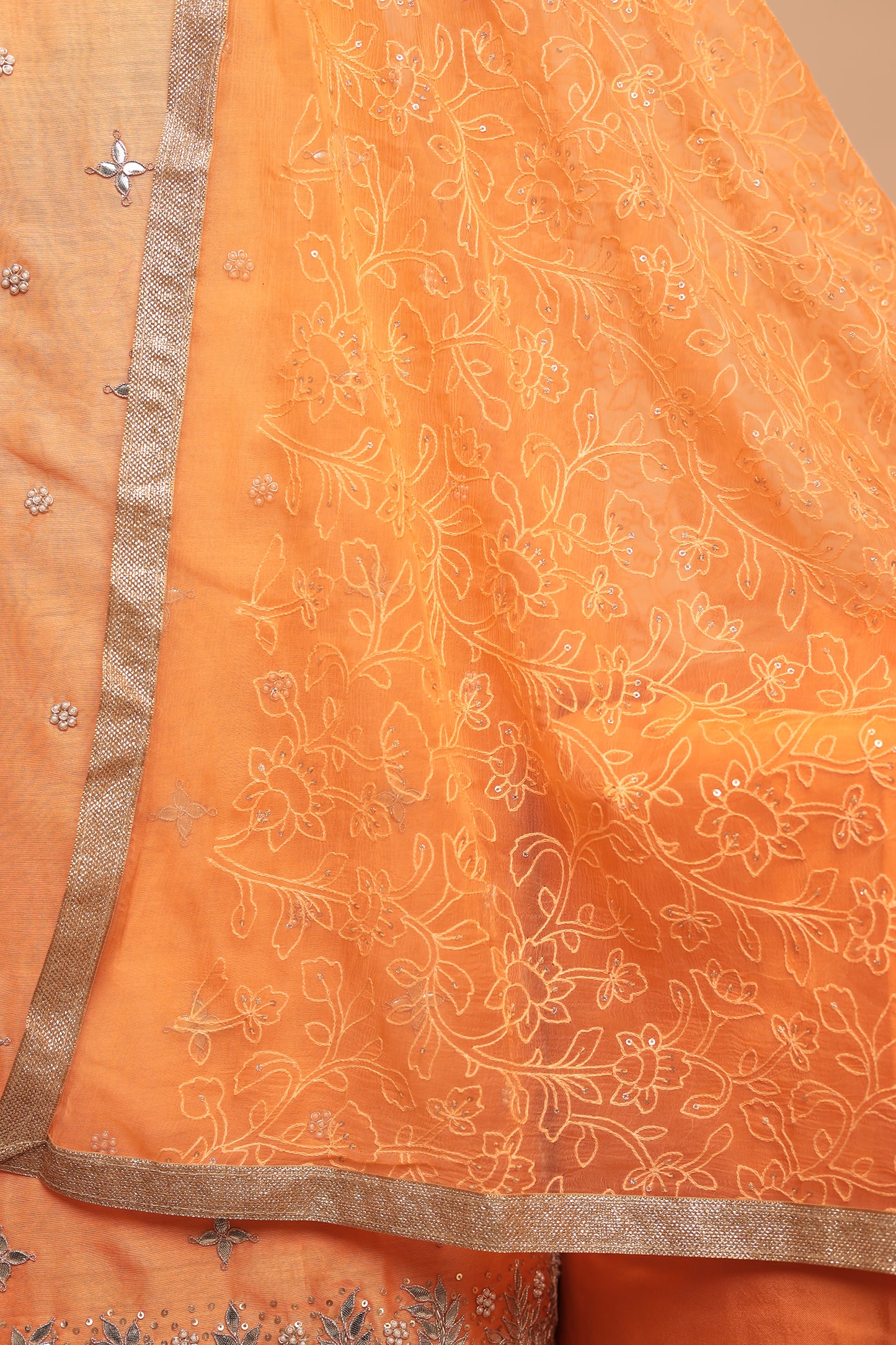 Vibrant Orange Unstitched Chanderi Silk Suit with Heavy Silver Zari Border Work