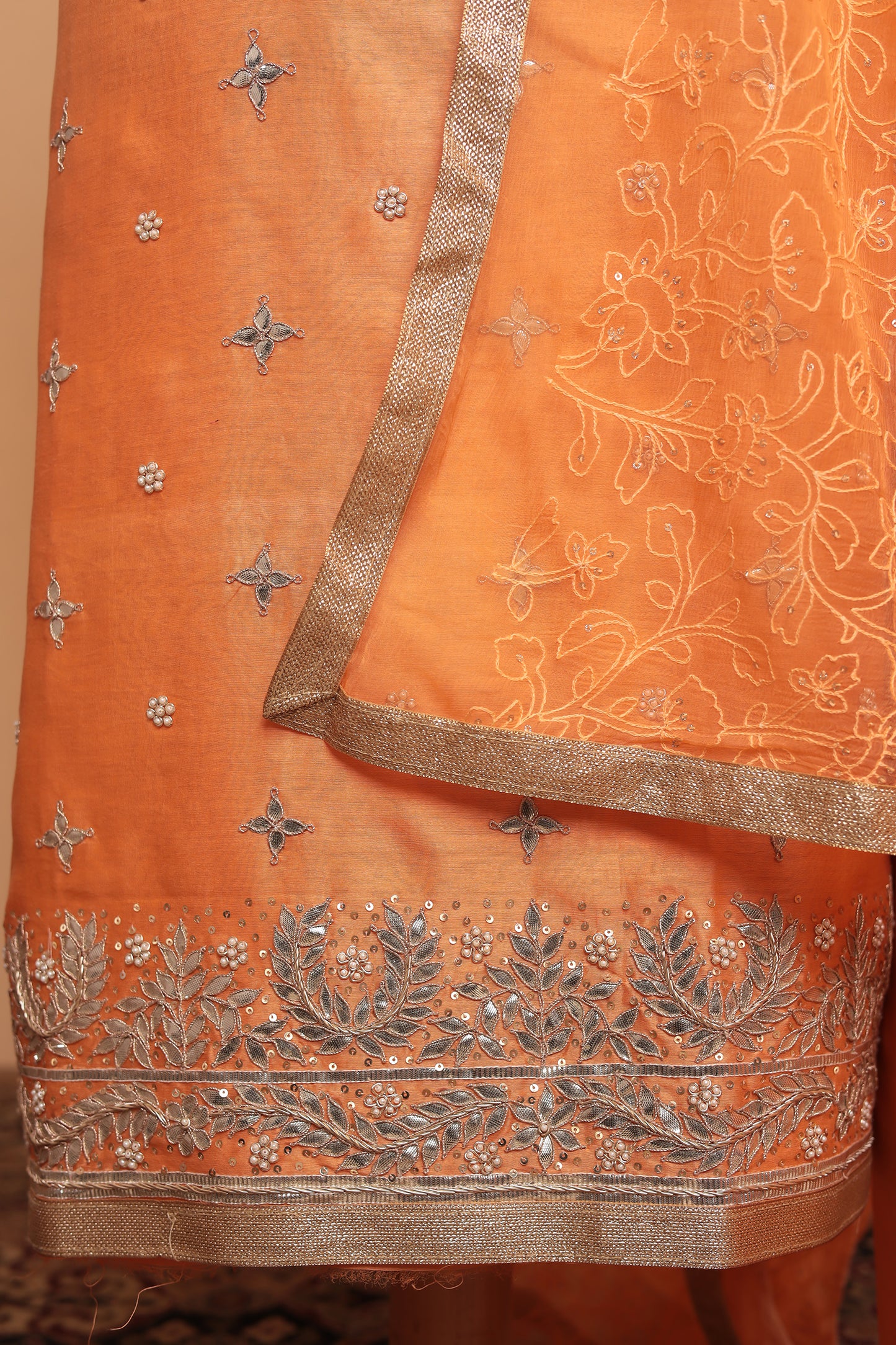 Vibrant Orange Unstitched Chanderi Silk Suit with Heavy Silver Zari Border Work