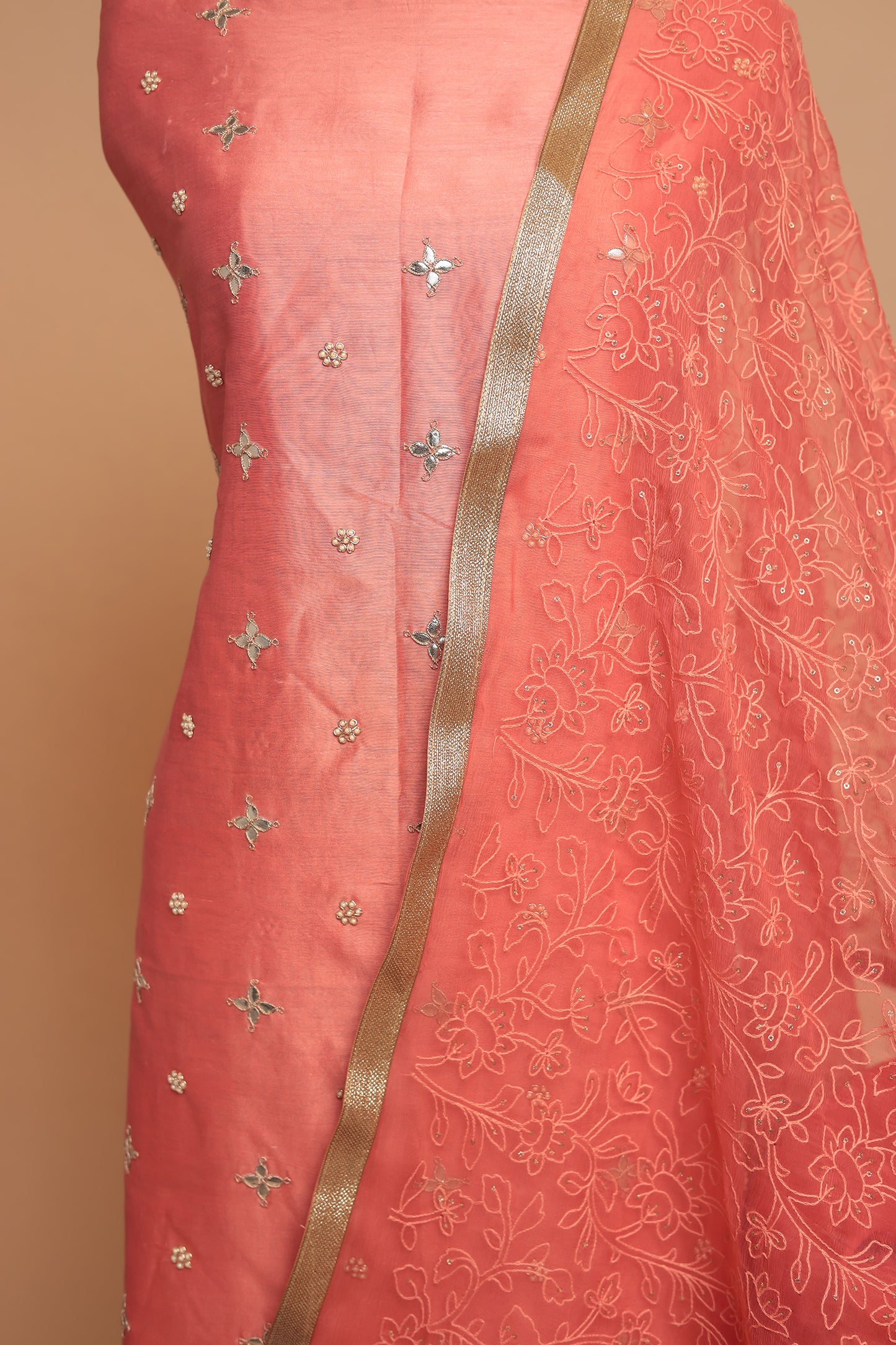 Elegant Peach Unstitched Chanderi Silk Suit with Heavy Silver Border Work