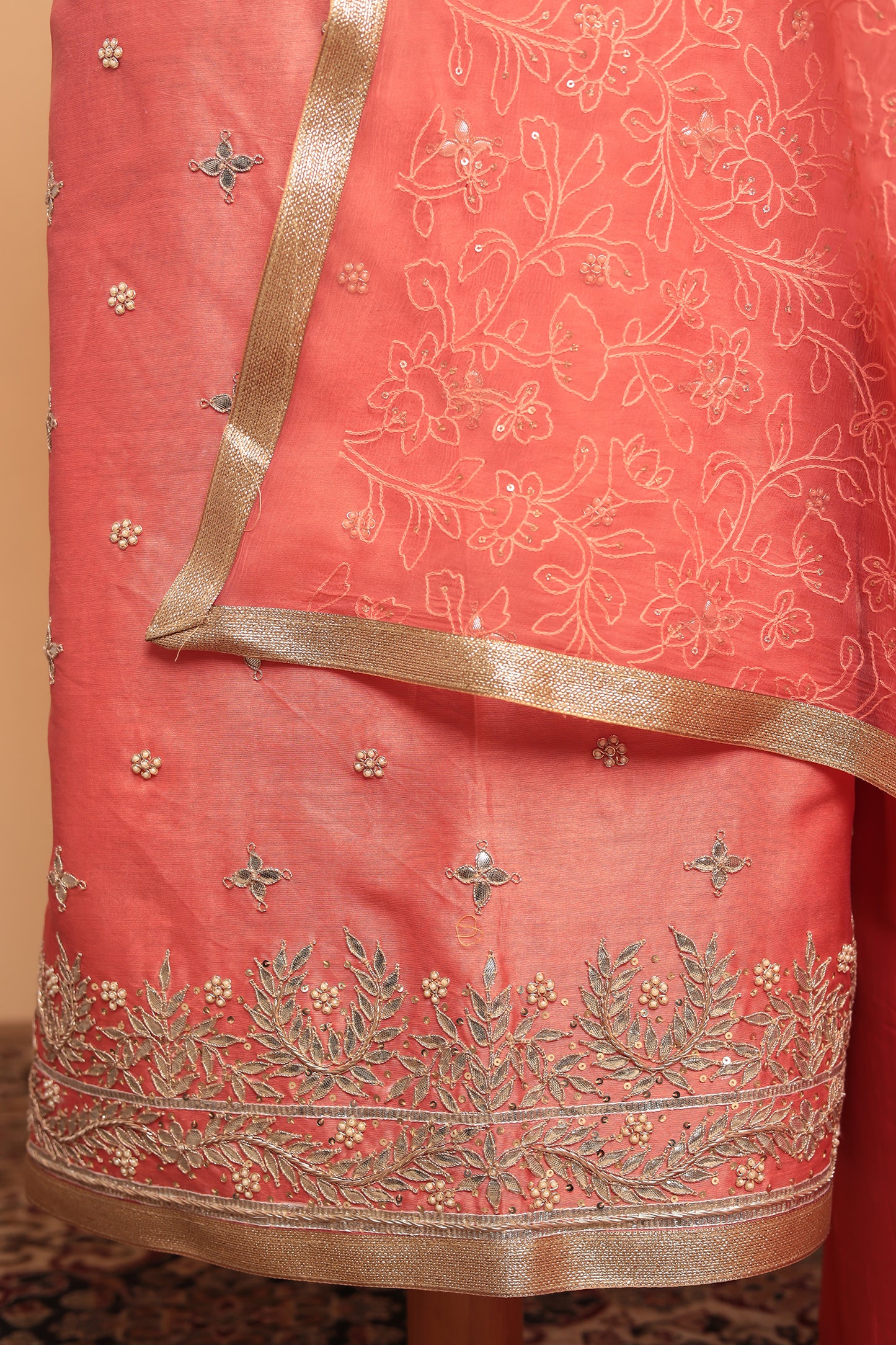 Elegant Peach Unstitched Chanderi Silk Suit with Heavy Silver Border Work