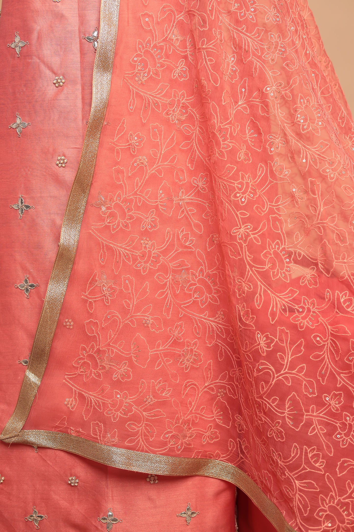 Elegant Peach Unstitched Chanderi Silk Suit with Heavy Silver Border Work