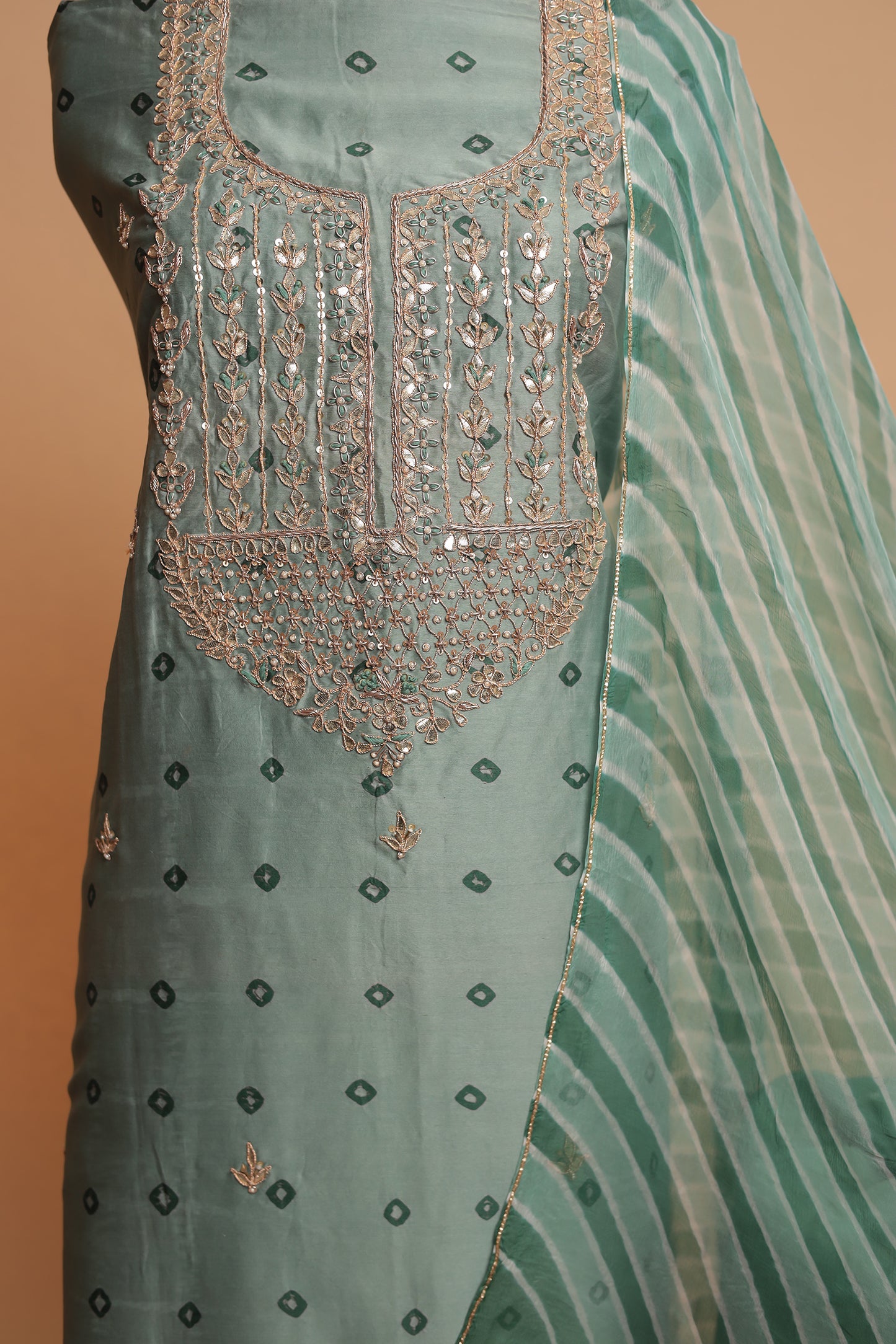 Sage Green Pure Silk Suit with Heavy Mirror Work Neckline & Striped Dupatta Set