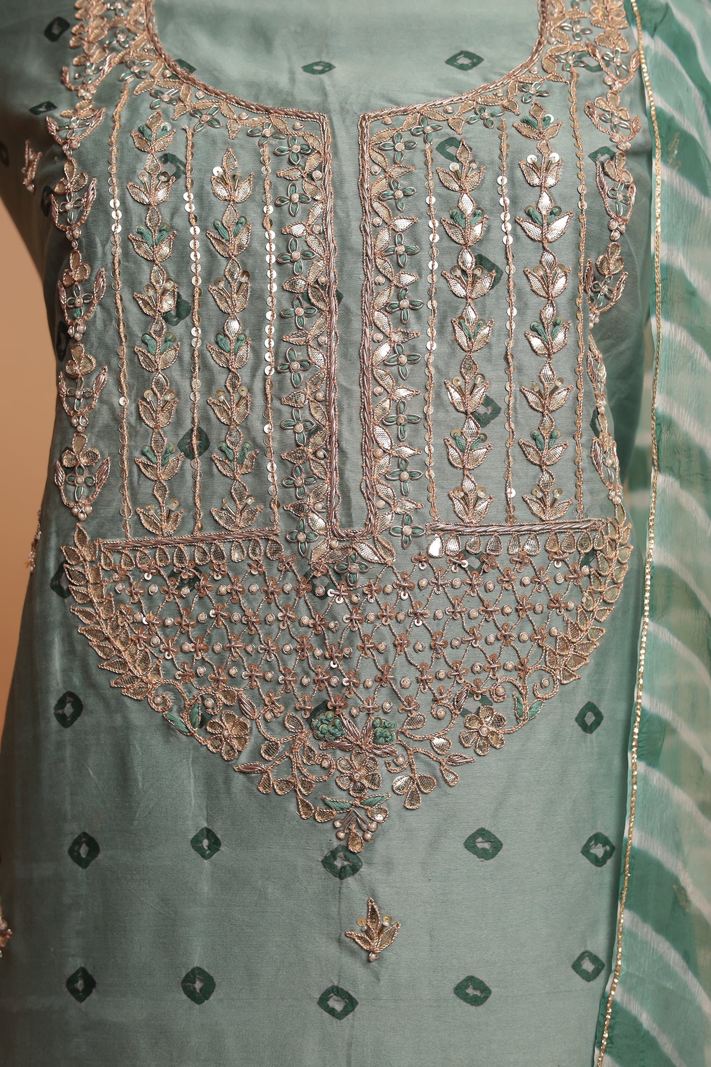 Sage Green Pure Silk Suit with Heavy Mirror Work Neckline & Striped Dupatta Set