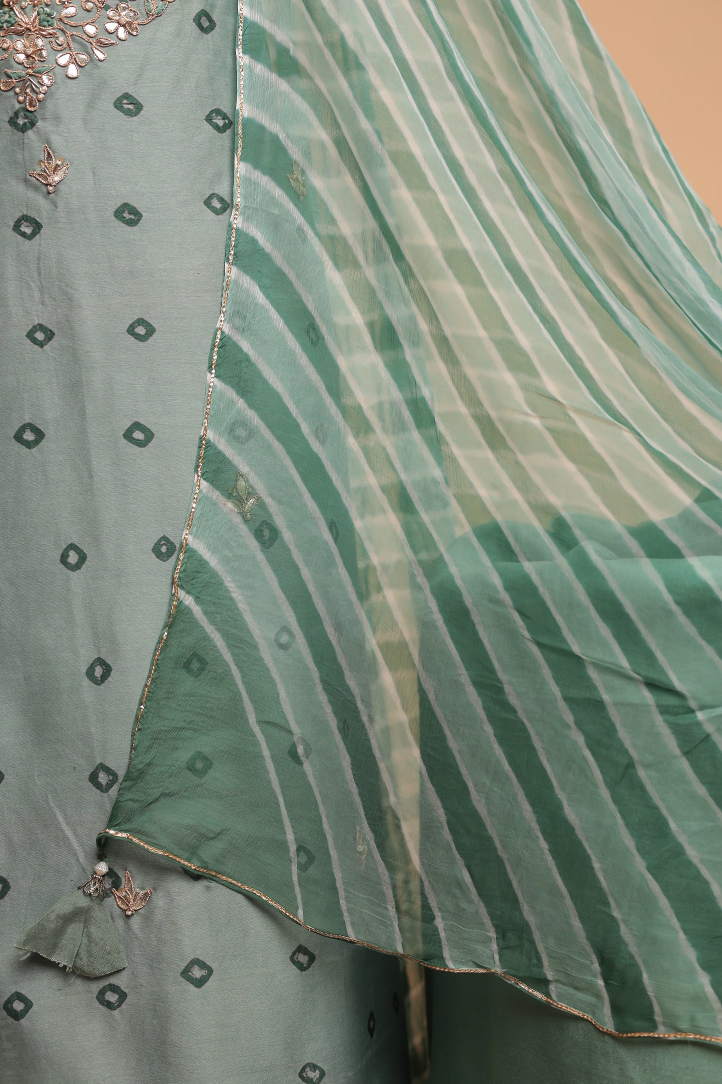 Sage Green Pure Silk Suit with Heavy Mirror Work Neckline & Striped Dupatta Set