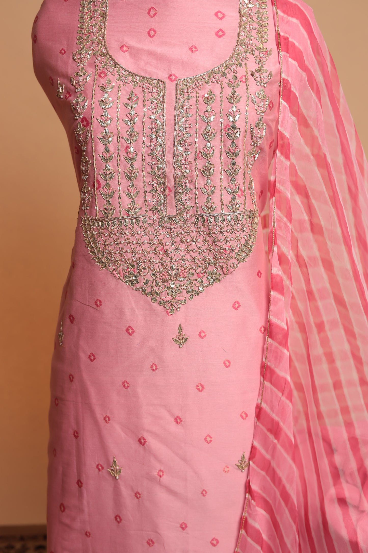 Light Pink Pure Silk Unstitched Suit with Heavy Mirror Work & Striped Dupatta Export to Sheets