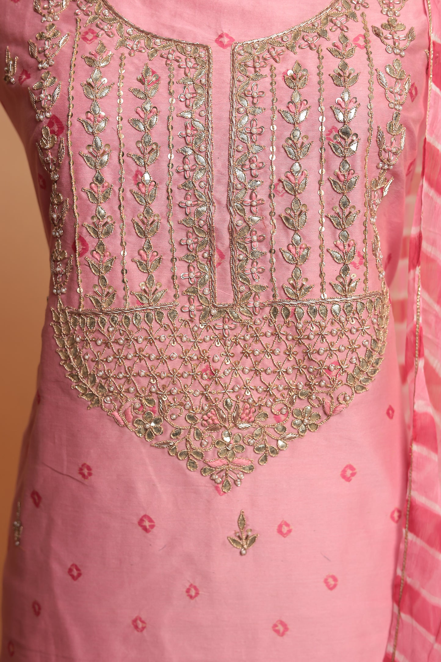 Light Pink Pure Silk Unstitched Suit with Heavy Mirror Work & Striped Dupatta Export to Sheets