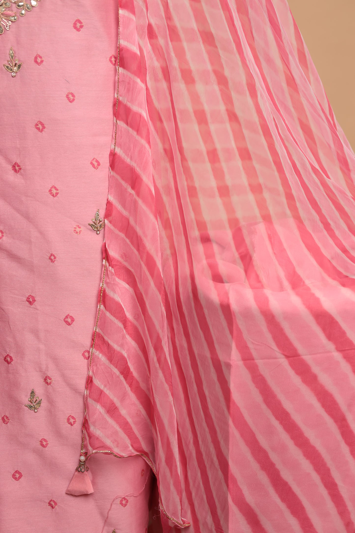 Light Pink Pure Silk Unstitched Suit with Heavy Mirror Work & Striped Dupatta Export to Sheets