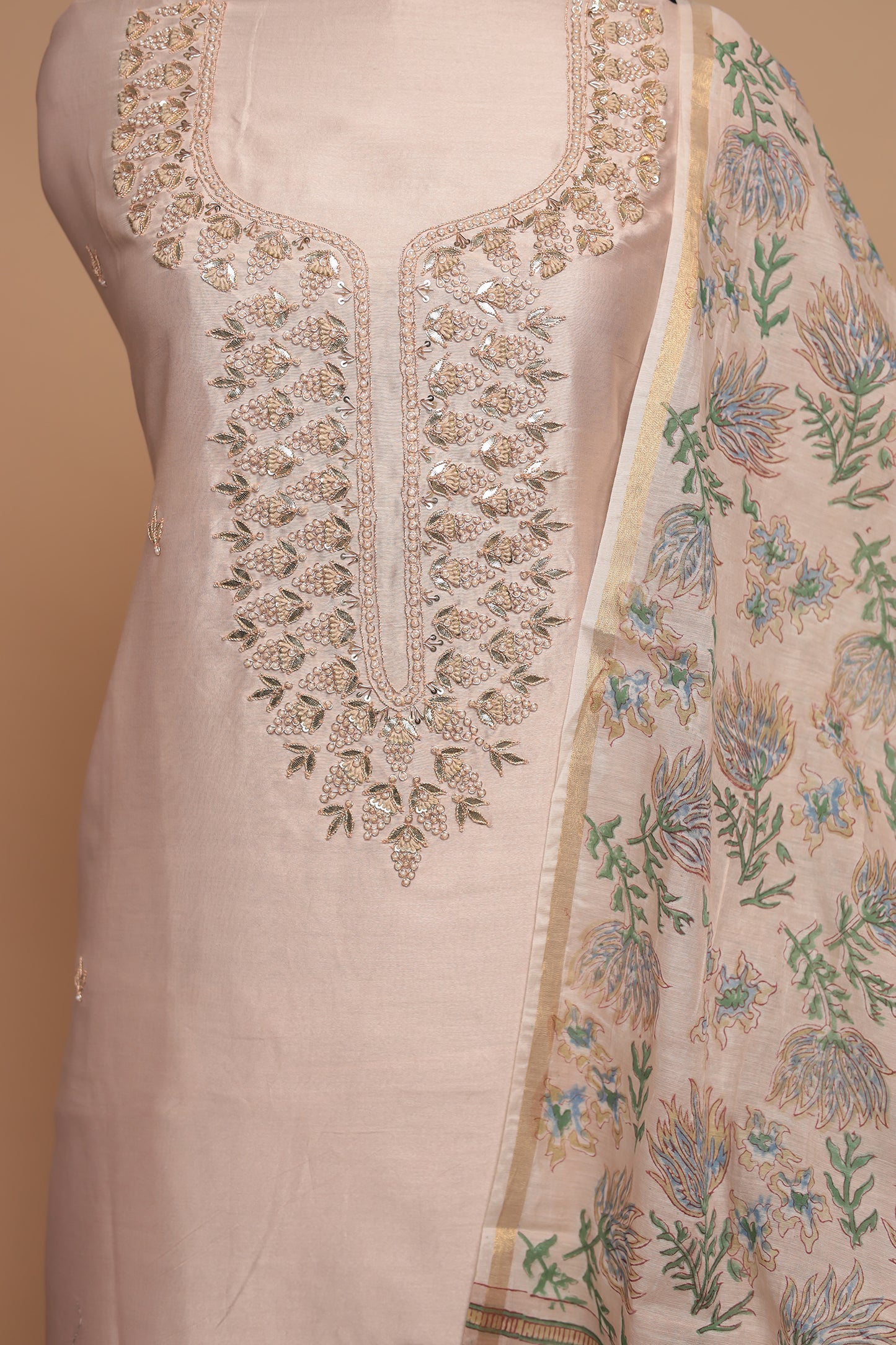 Elegant Light Peach Pure Silk Unstitched Suit with Heavy Zari Work and Floral Printed Dupatta