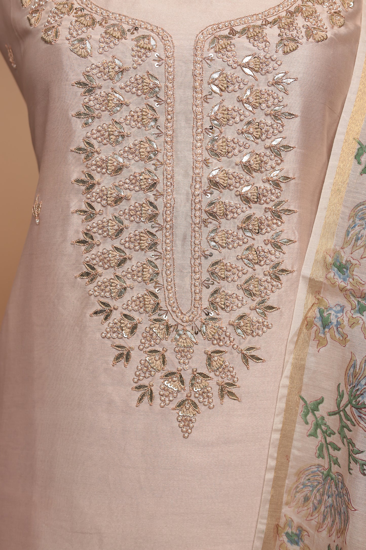 Elegant Light Peach Pure Silk Unstitched Suit with Heavy Zari Work and Floral Printed Dupatta