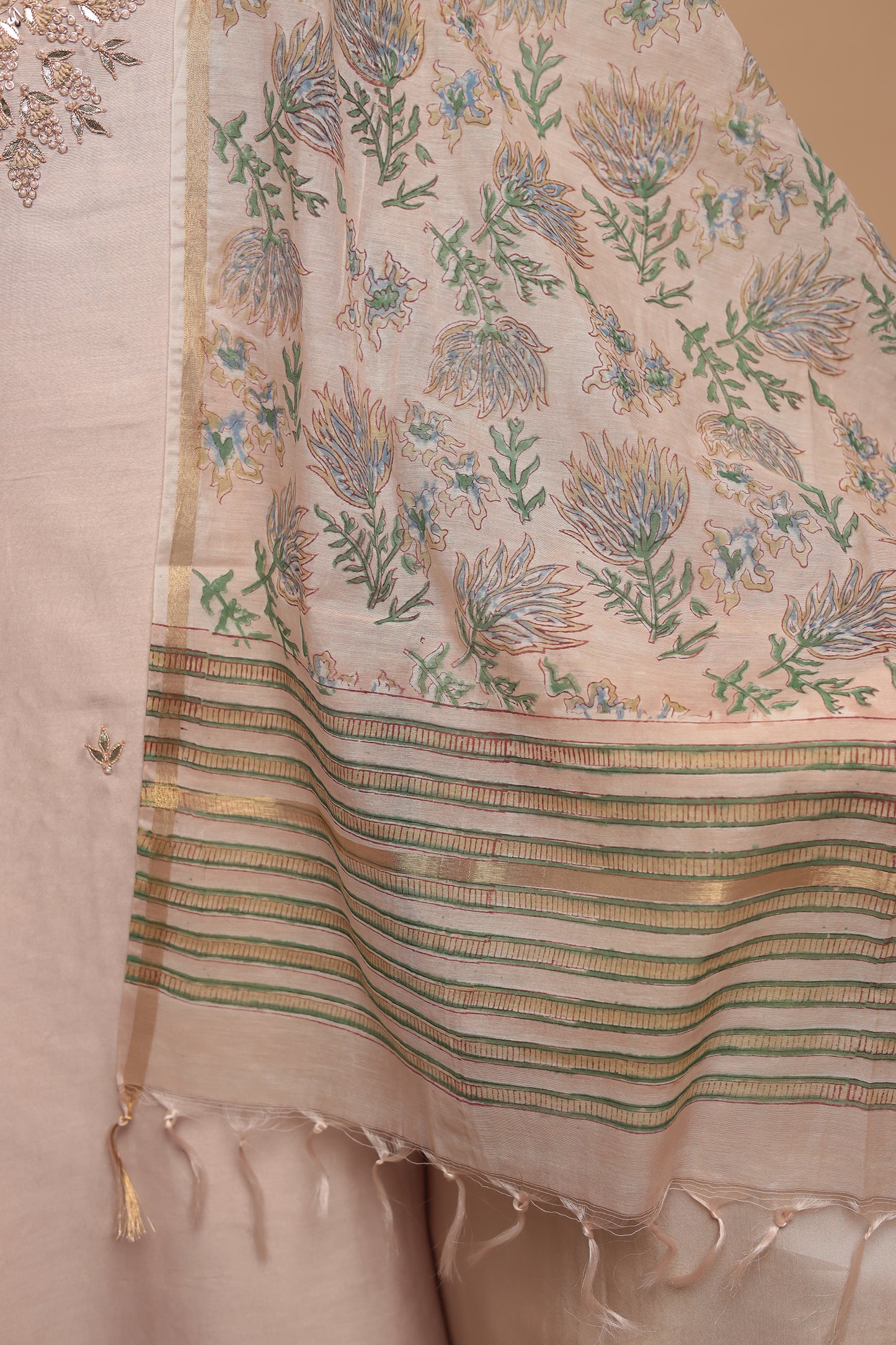Elegant Light Peach Pure Silk Unstitched Suit with Heavy Zari Work and Floral Printed Dupatta