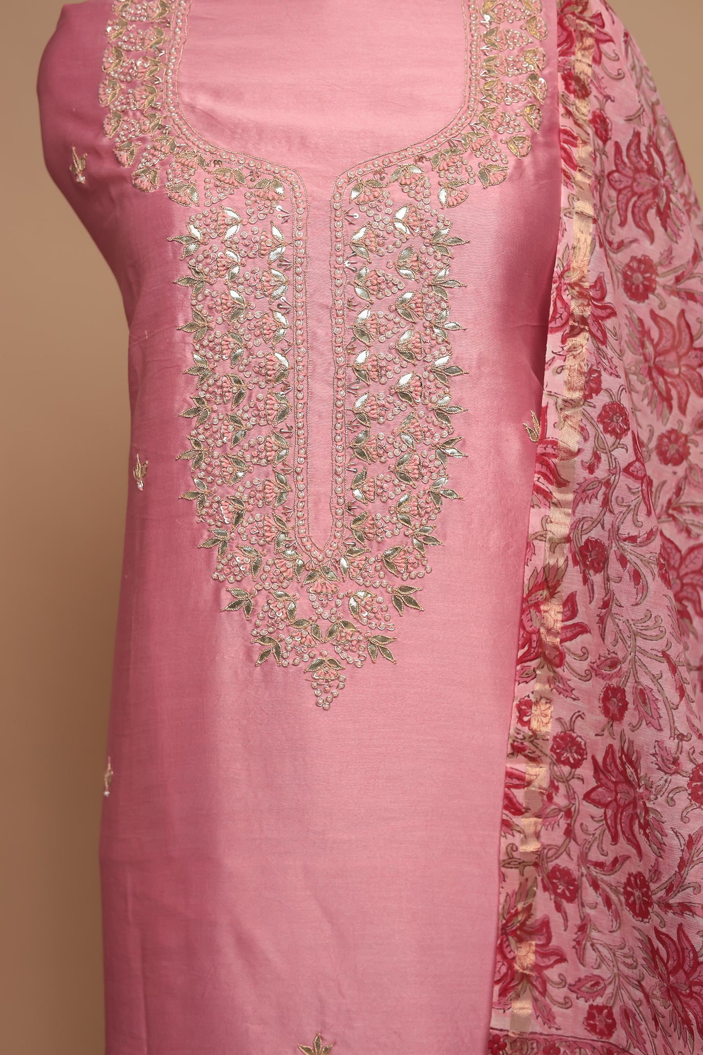 Luxury Light Pink Unstitched Suit Set - Silk Blend & Embroidered Net Dupatta