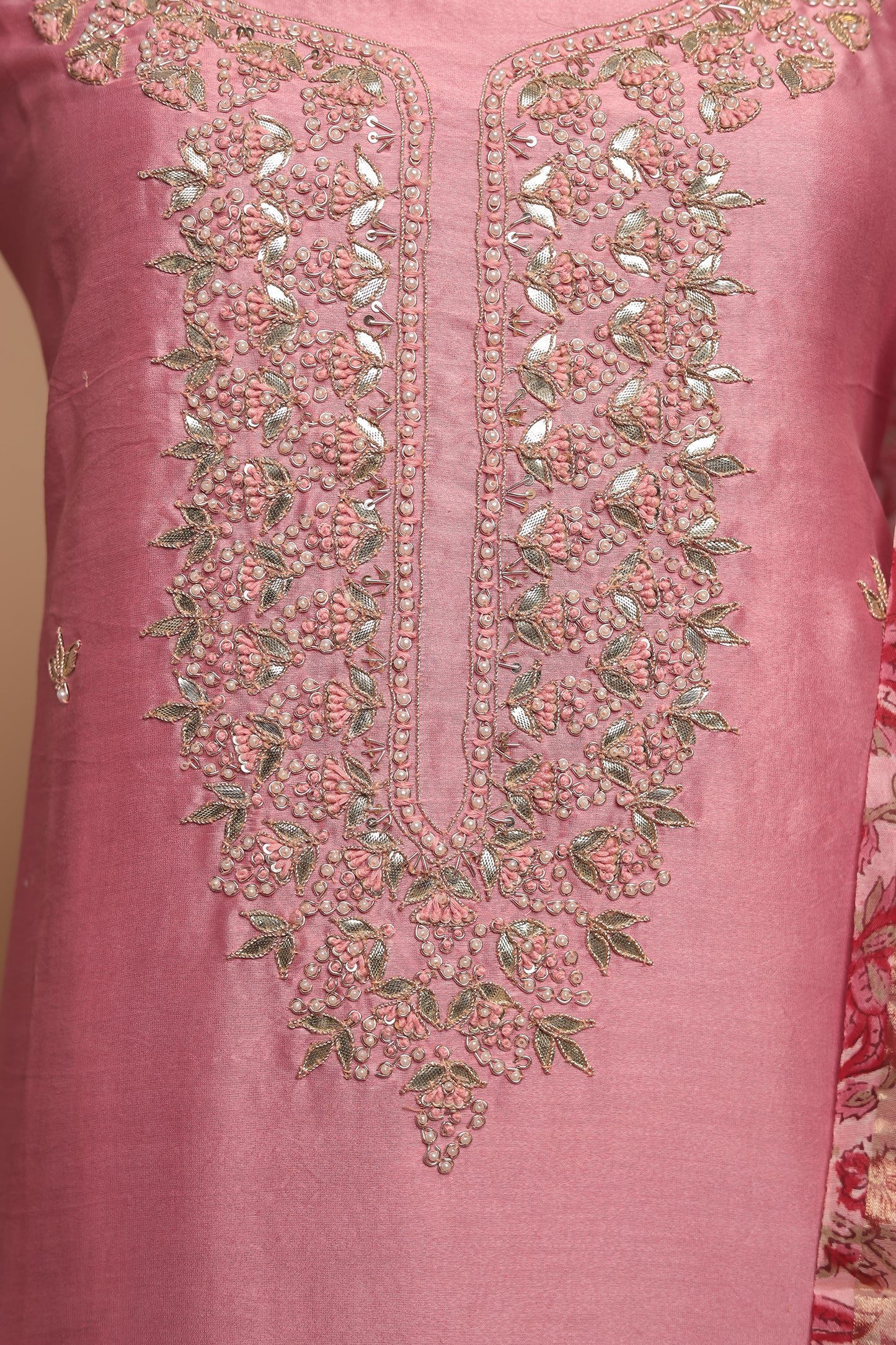Luxury Light Pink Unstitched Suit Set - Silk Blend & Embroidered Net Dupatta