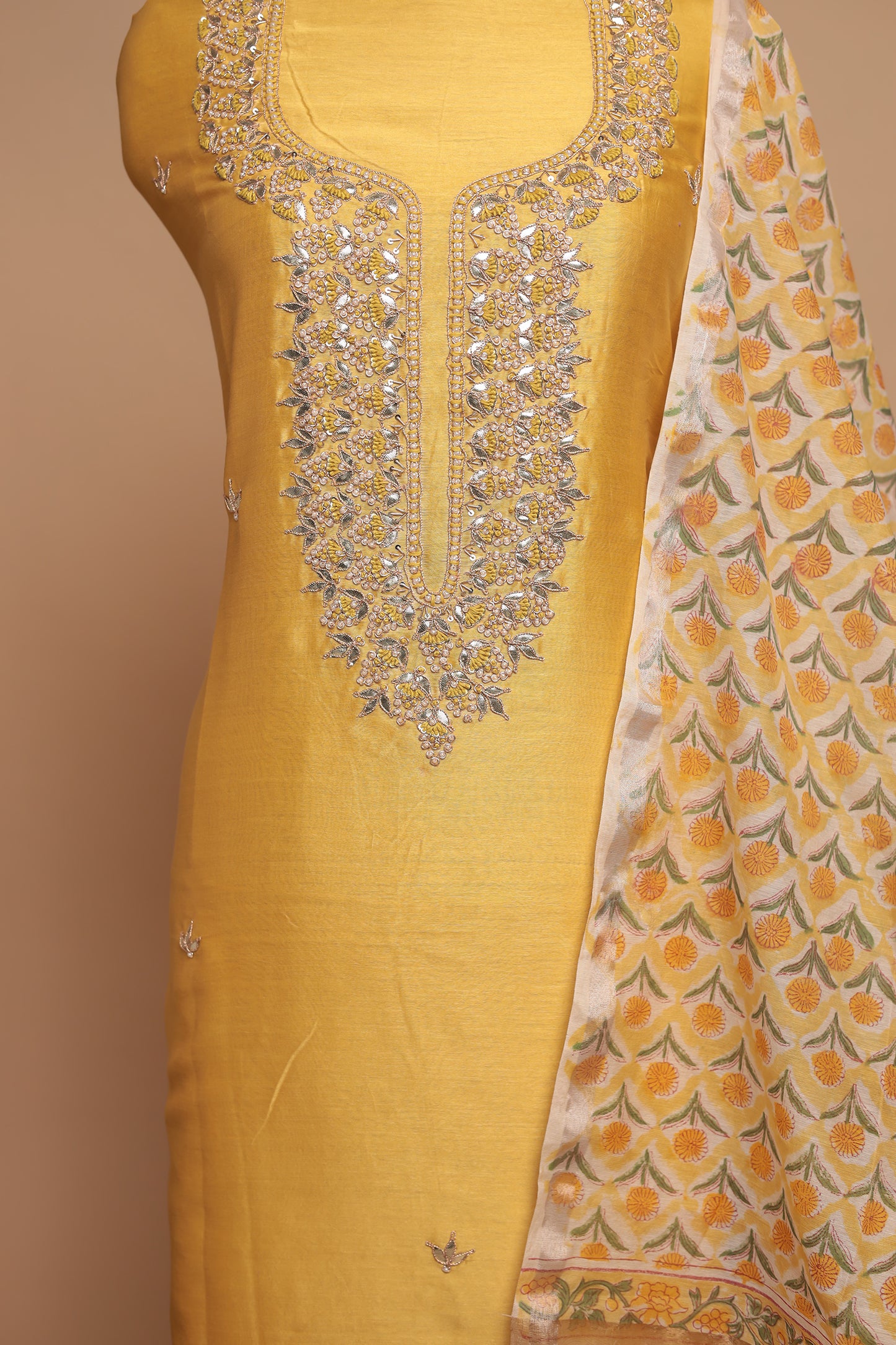 Haldi Yellow Silk Suit Set with Embellished Neckline and Floral Print Dupatta