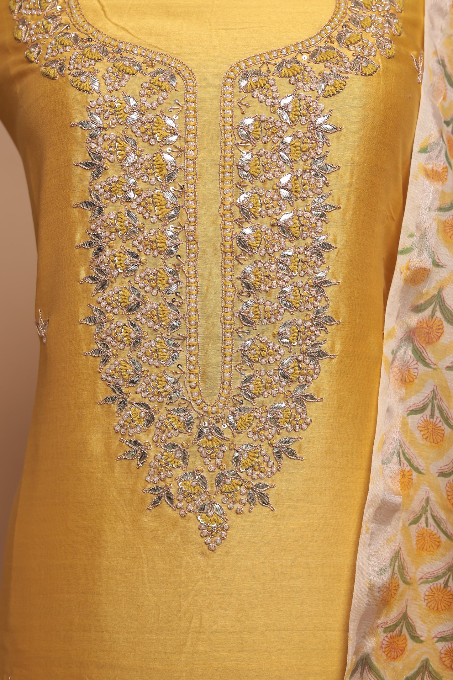 Haldi Yellow Silk Suit Set with Embellished Neckline and Floral Print Dupatta