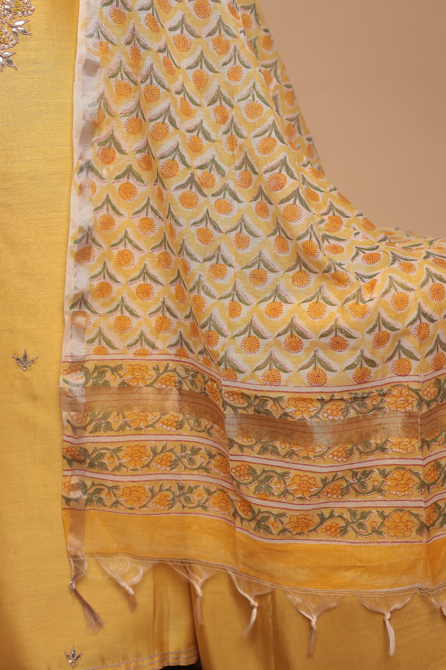 Haldi Yellow Silk Suit Set with Embellished Neckline and Floral Print Dupatta