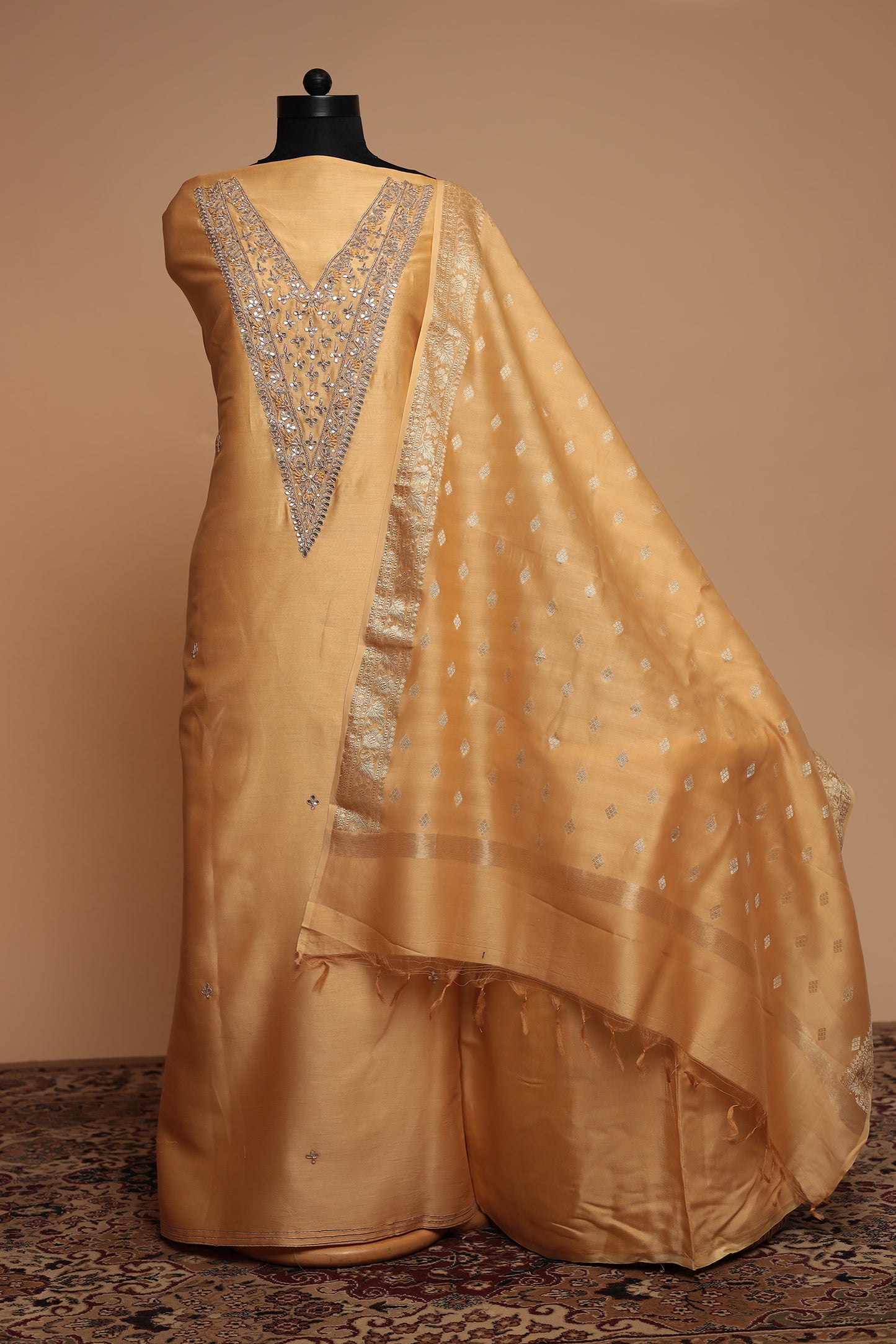 Regal Gold Unstitched Pure Silk Suit Set | Heavy Zari Embroidered Neckline & Banarasi Weave Dupatta