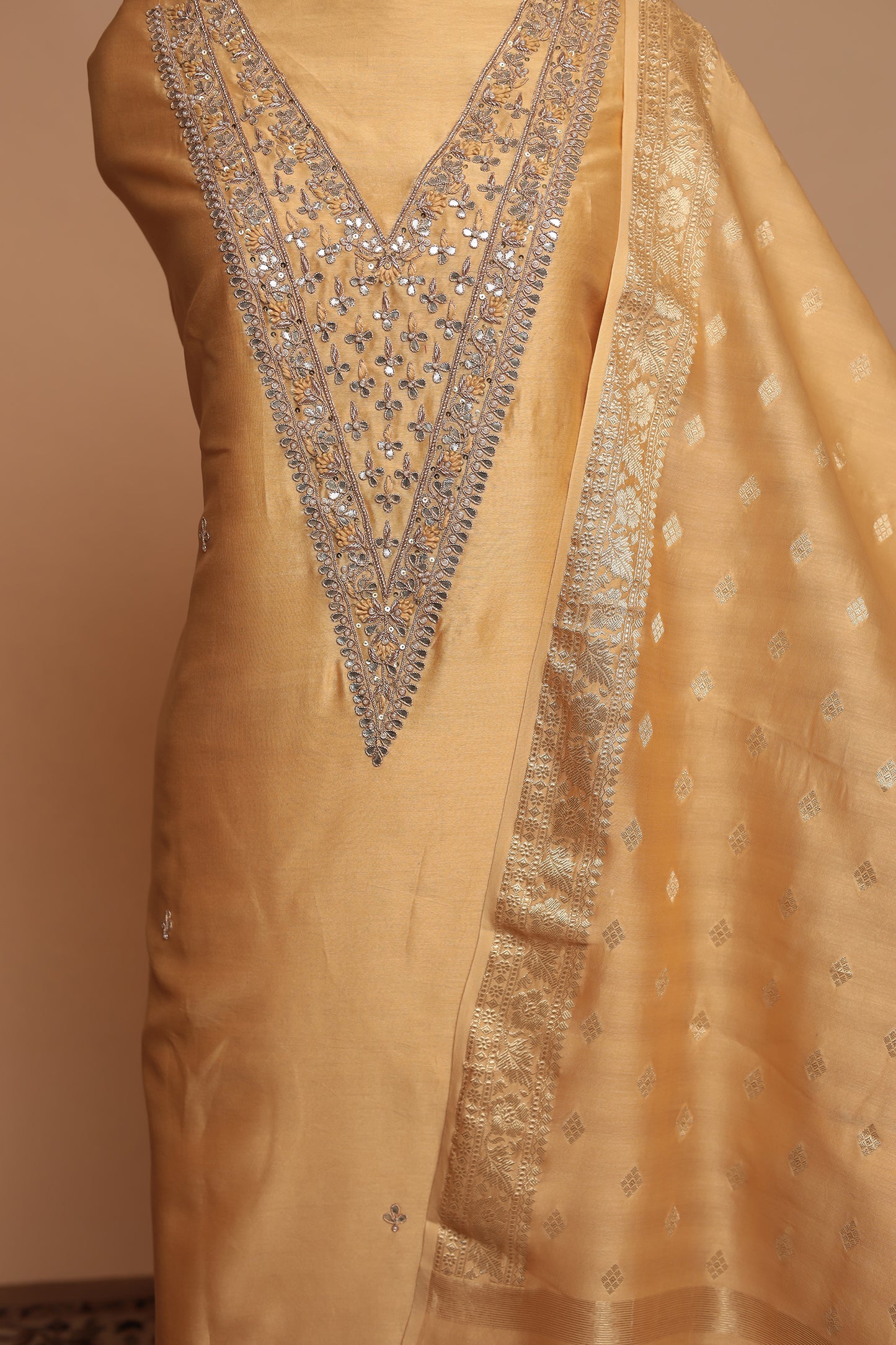 Regal Gold Unstitched Pure Silk Suit Set | Heavy Zari Embroidered Neckline & Banarasi Weave Dupatta