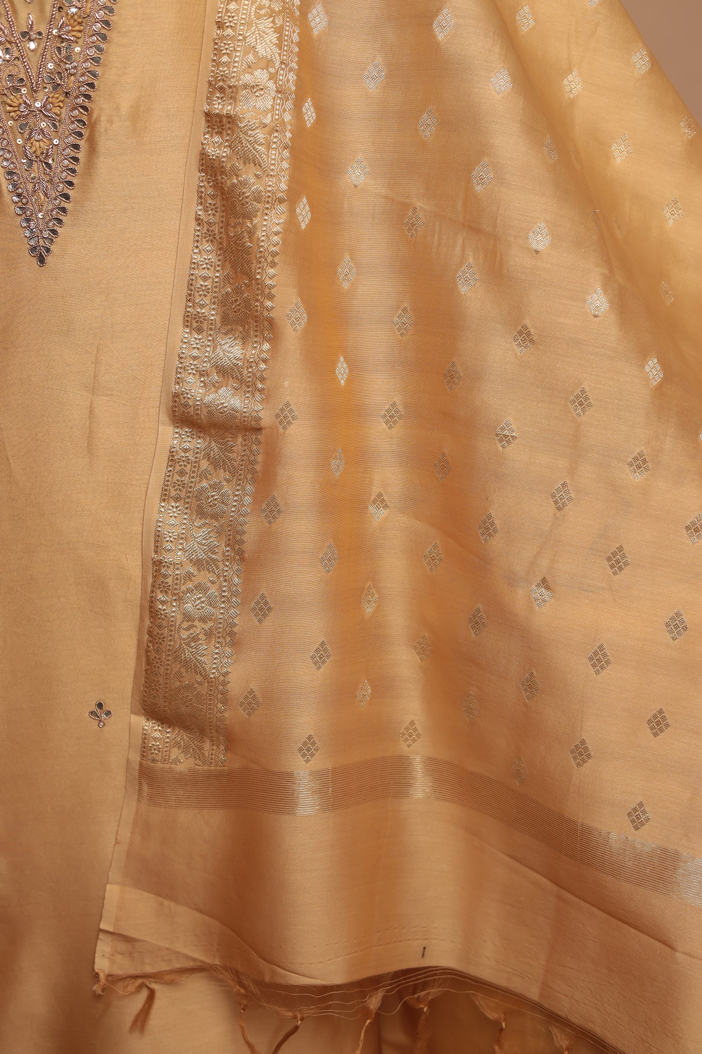 Regal Gold Unstitched Pure Silk Suit Set | Heavy Zari Embroidered Neckline & Banarasi Weave Dupatta