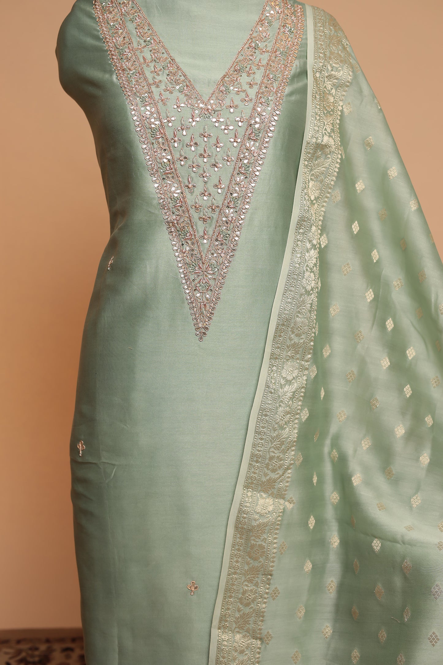 Pastel Green Unstitched Suit | Sequin Work Chanderi Dress Material
