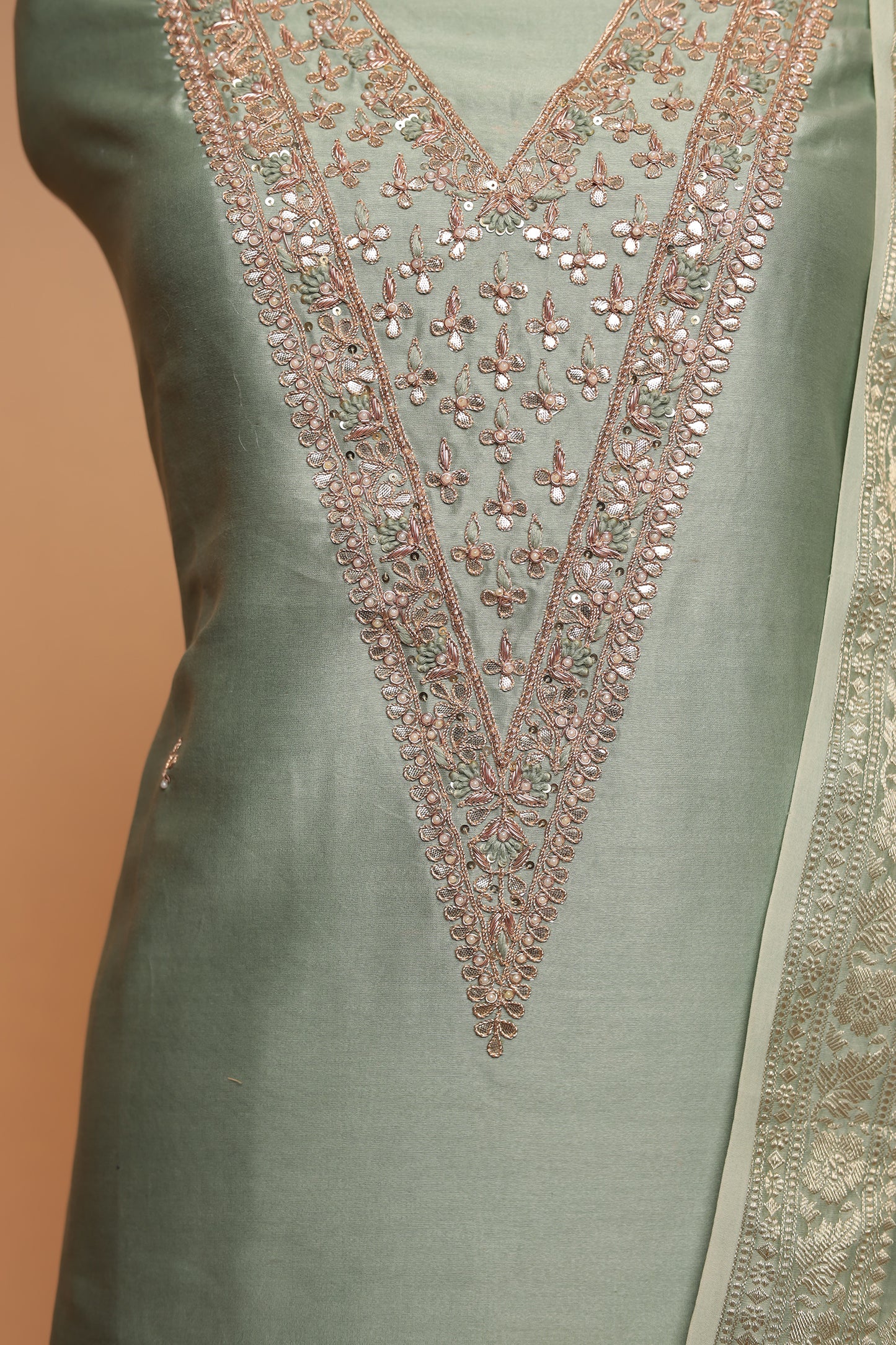 Pastel Green Unstitched Suit | Sequin Work Chanderi Dress Material