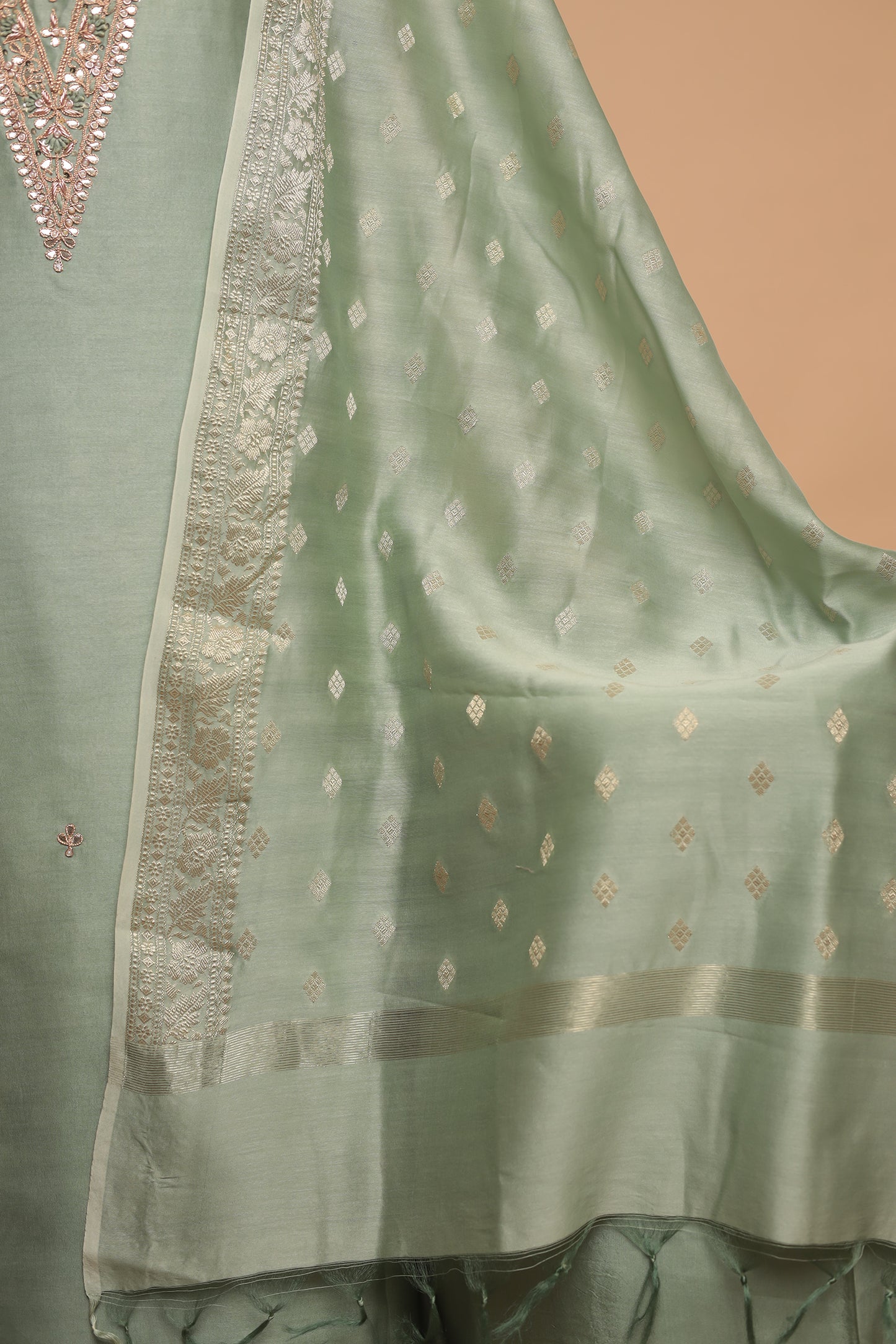 Pastel Green Unstitched Suit | Sequin Work Chanderi Dress Material