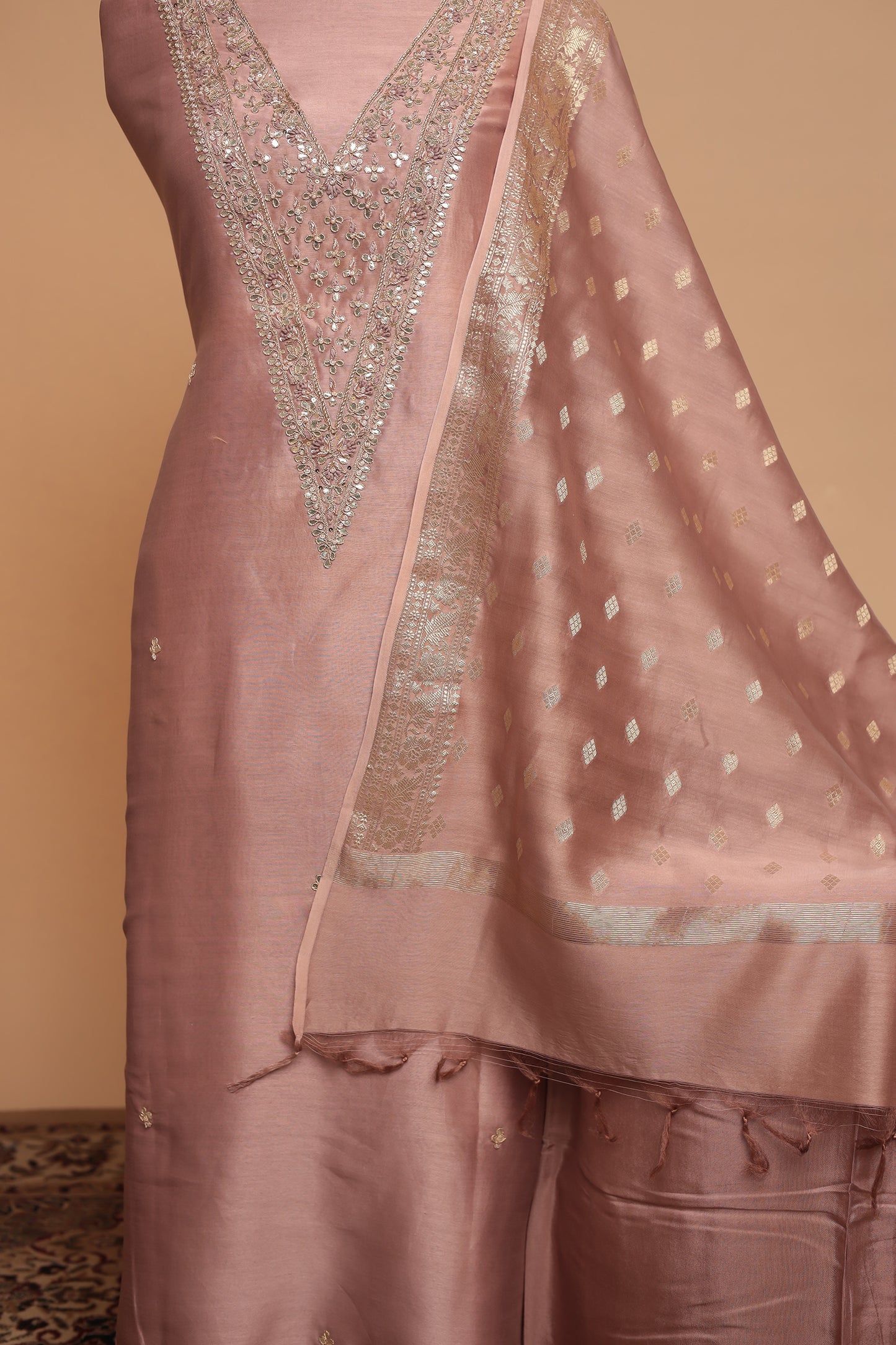 Pastel Chanderi Unstitched Salwar Suit: Light Pink, Pista Green & Gold | Intricate Neck Handwork & Woven Dupatta