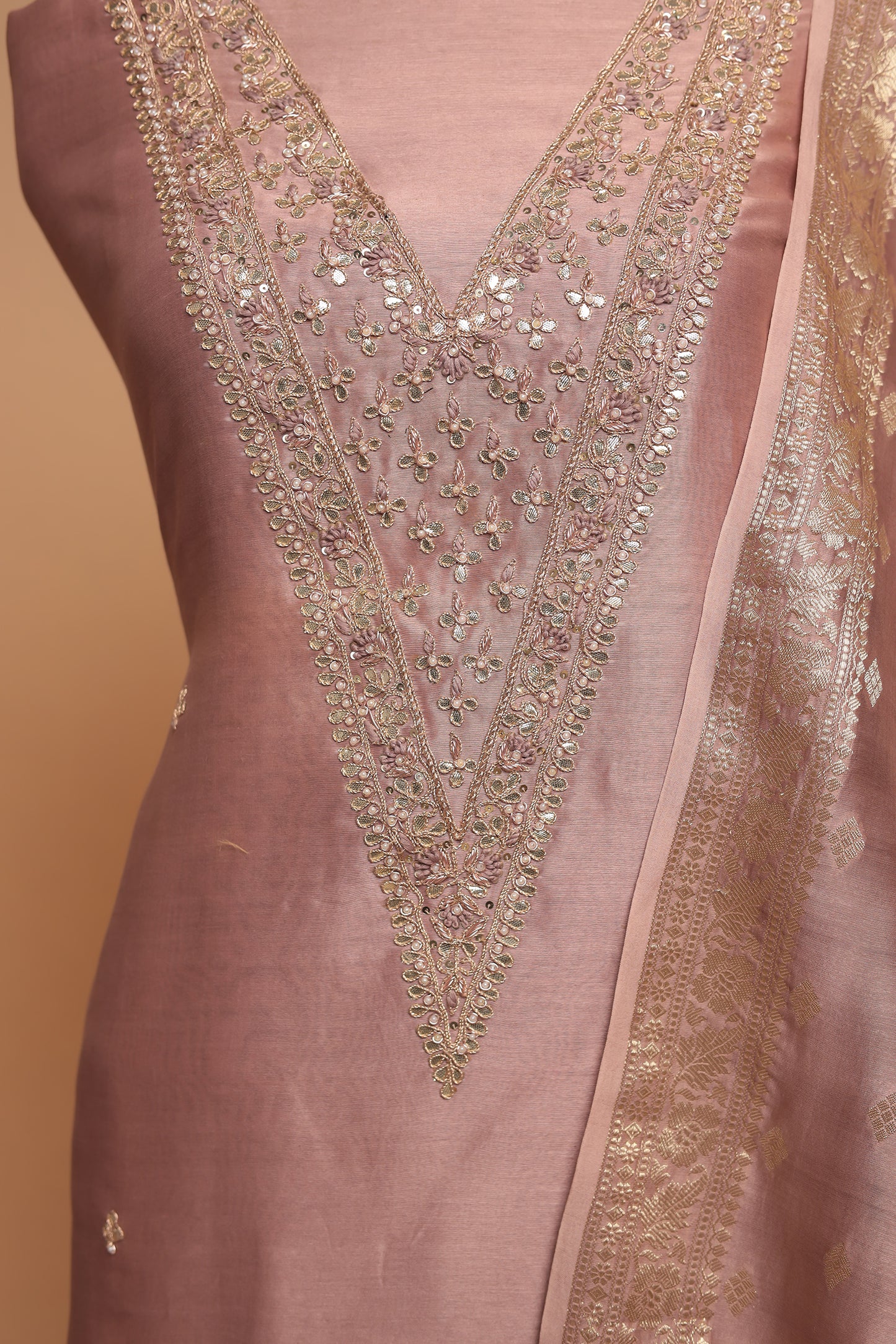 Pastel Chanderi Unstitched Salwar Suit: Light Pink, Pista Green & Gold | Intricate Neck Handwork & Woven Dupatta