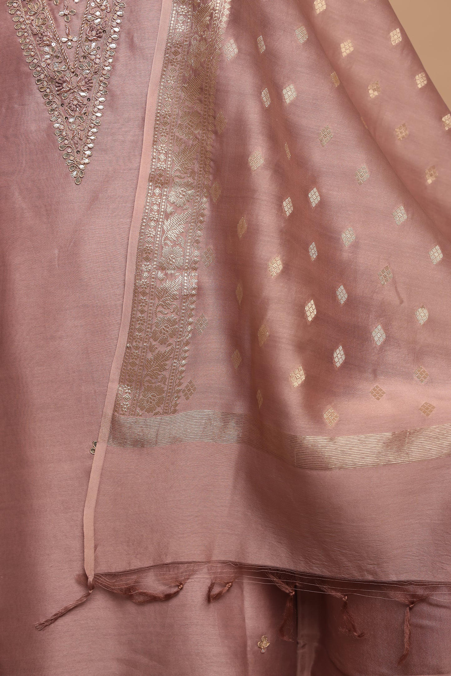 Pastel Chanderi Unstitched Salwar Suit: Light Pink, Pista Green & Gold | Intricate Neck Handwork & Woven Dupatta