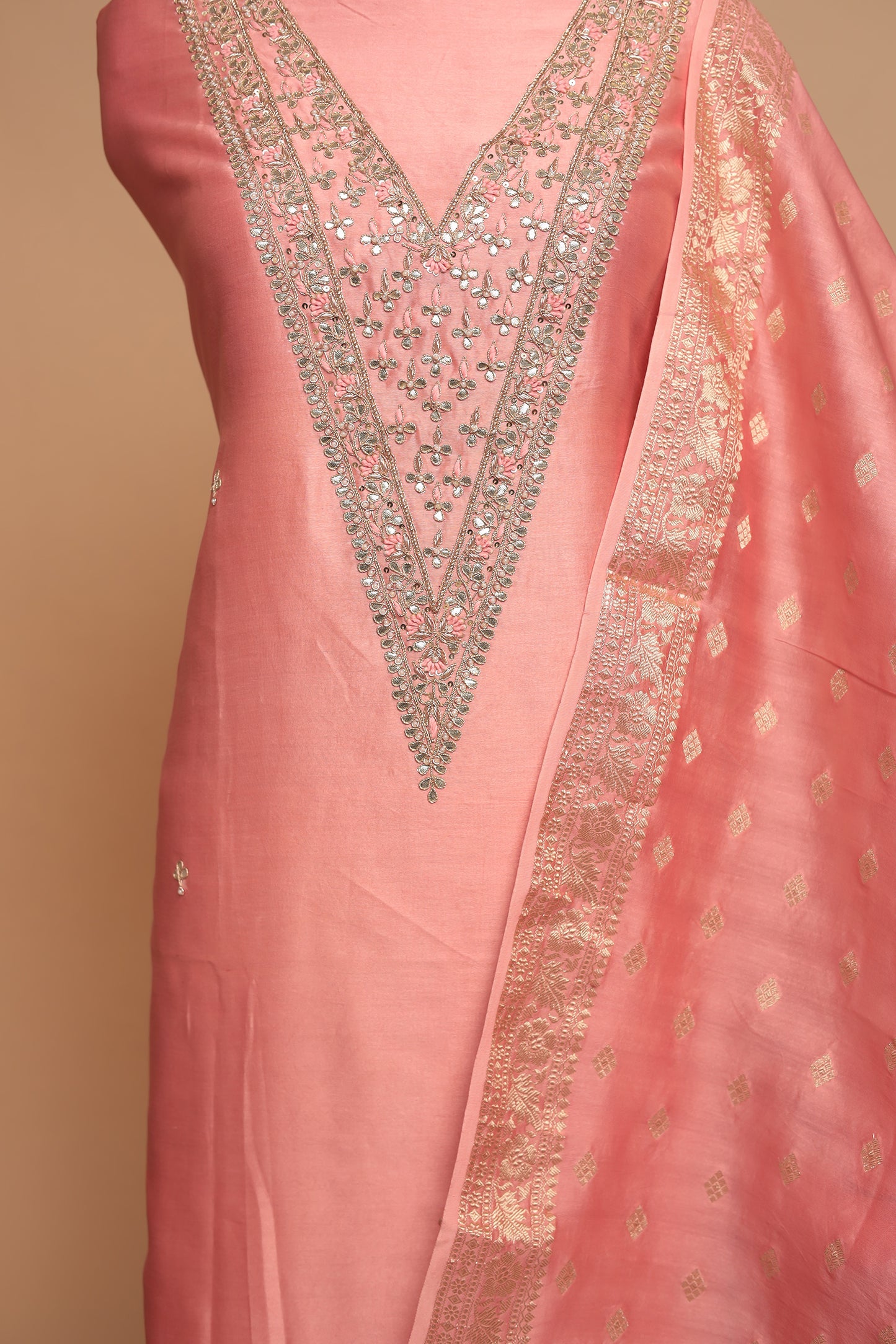 Luxury Chanderi Silk Unstitched Suit Set with Heavy Sequin & Resham Neck Embroidery