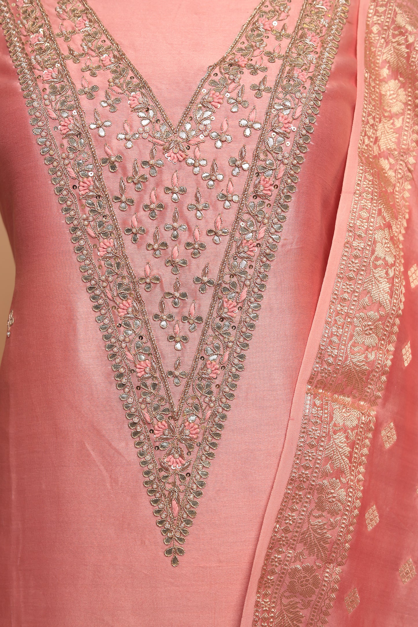 Luxury Chanderi Silk Unstitched Suit Set with Heavy Sequin & Resham Neck Embroidery
