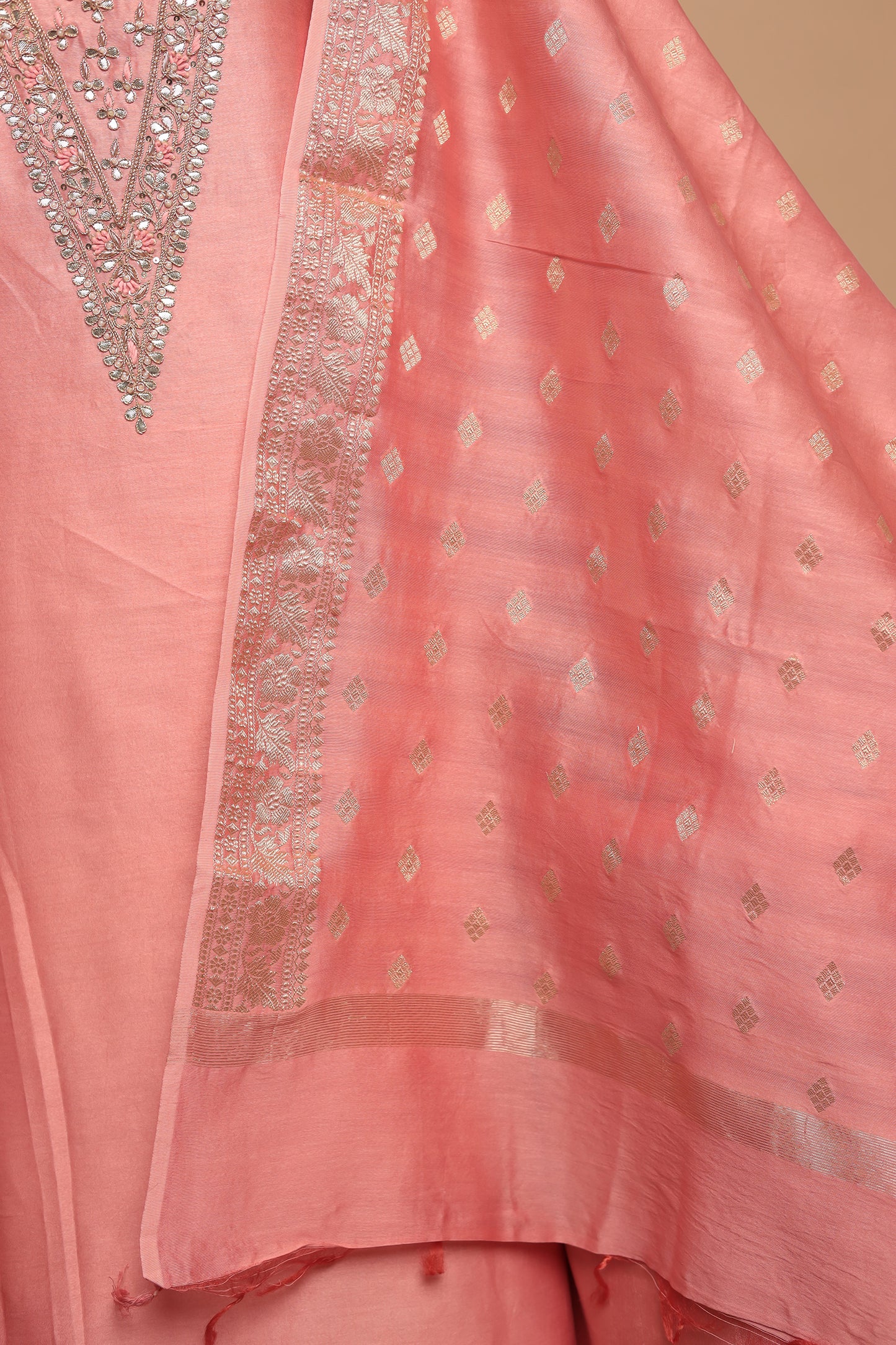 Luxury Chanderi Silk Unstitched Suit Set with Heavy Sequin & Resham Neck Embroidery